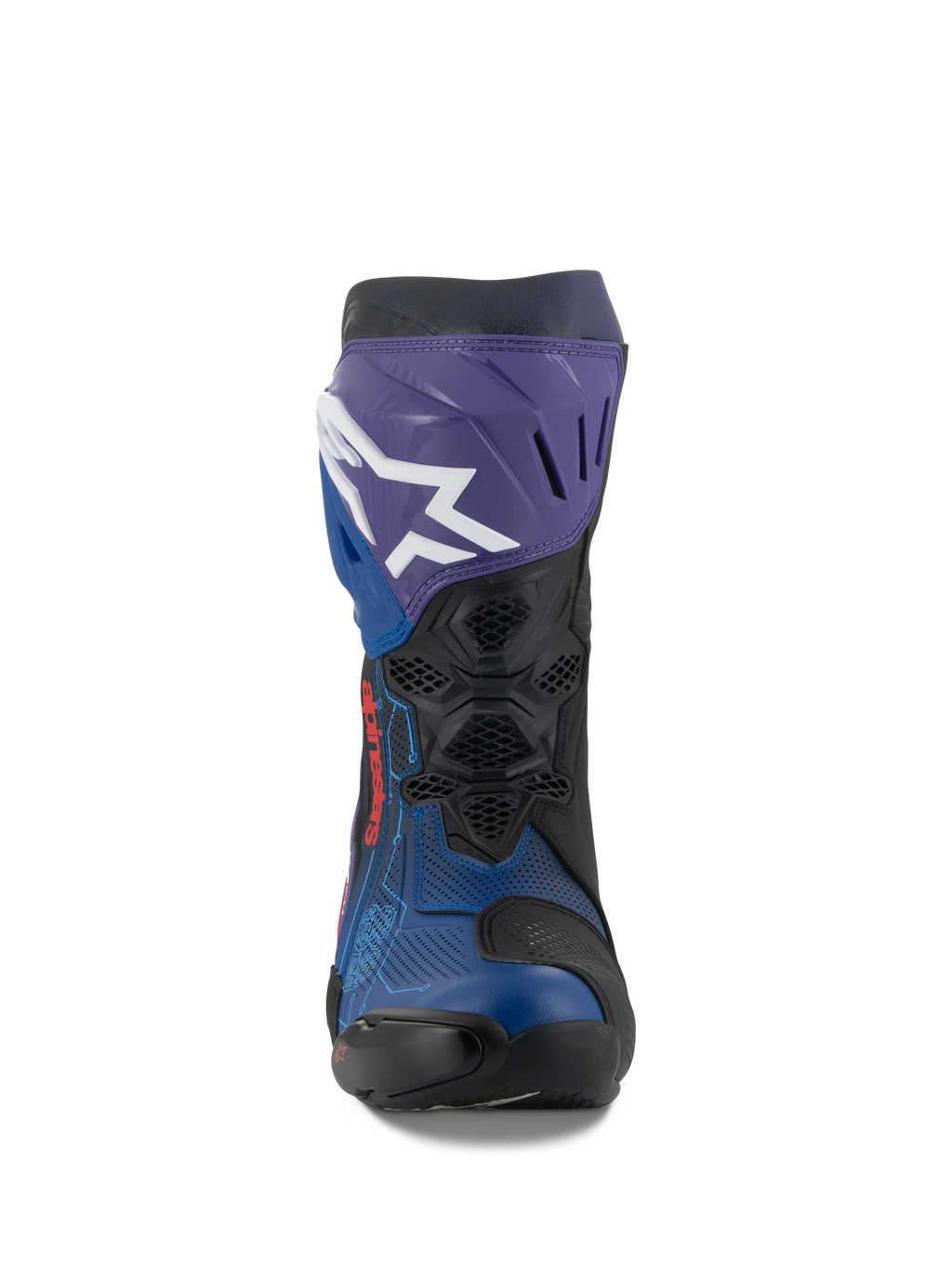 Alpinestars Supertech R LE Martinator R01 Vented laarzen, racing motorlaarzen, blauw, paars, rood en zwart, vooraanzicht met een wit Alpinestars-logo op de paarse scheenplaat, geperforeerd microvezel bovenwerk voor maximale luchtstroom, technisch high-performance race-ontwerp