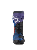 Alpinestars Supertech R LE Martinator R01 Vented laarzen, racing motorlaarzen, blauw, paars, rood en zwart, vooraanzicht met een wit Alpinestars-logo op de paarse scheenplaat, geperforeerd microvezel bovenwerk voor maximale luchtstroom, technisch high-performance race-ontwerp