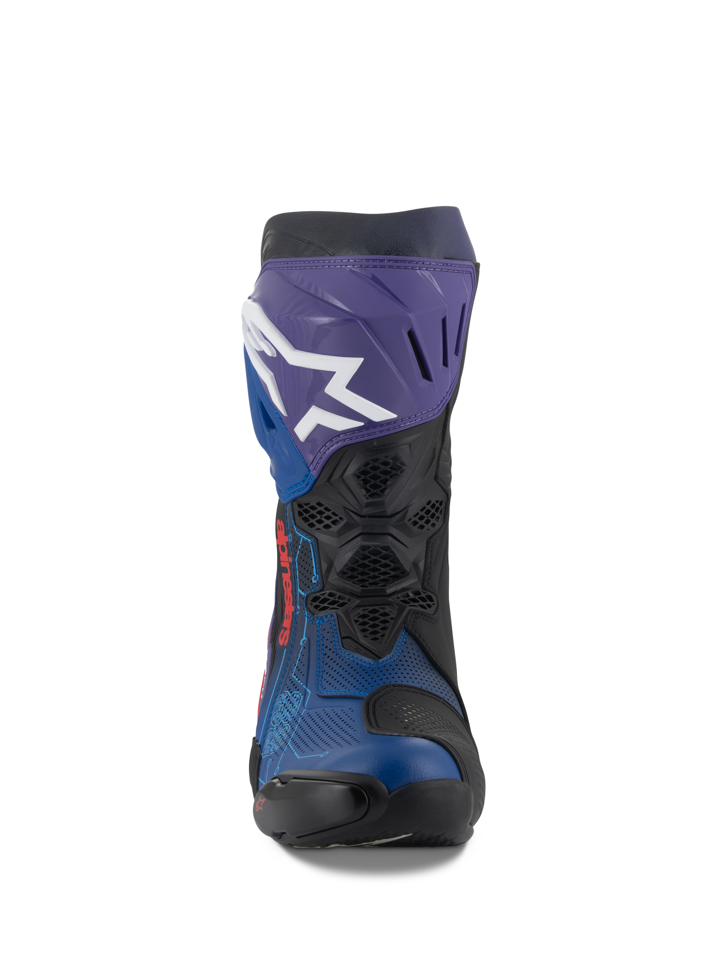 Alpinestars Supertech R LE Martinator R01 Vented laarzen, racing motorlaarzen, blauw, paars, rood en zwart, vooraanzicht met een wit Alpinestars-logo op de paarse scheenplaat, geperforeerd microvezel bovenwerk voor maximale luchtstroom, technisch high-performance race-ontwerp