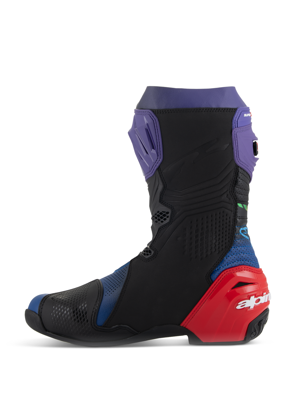 Alpinestars Supertech R LE Martinator R01 Vented laarzen, race-motorlaarzen, blauw, paars, rood en zwart, zijprofiel met geperforeerd microvezel, paarse scheenplaat en rode hielbeschermer met witte branding.