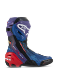 Alpinestars Supertech R LE Martinator R01 Vented laarzen, hoogwaardige race-motorlaarzen, levendige blauwe, paarse en rode kleurstelling, voorzien van een geperforeerd microvezel-chassis, opvallend wit Alpinestars-logo op de scheenplaat en een versterkte rode hielbeschermer