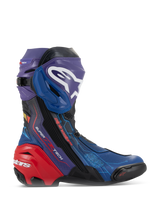 Alpinestars Supertech R LE Martinator R01 Vented laarzen, hoogwaardige race-motorlaarzen, levendige blauwe, paarse en rode kleurstelling, voorzien van een geperforeerd microvezel-chassis, opvallend wit Alpinestars-logo op de scheenplaat en een versterkte rode hielbeschermer
