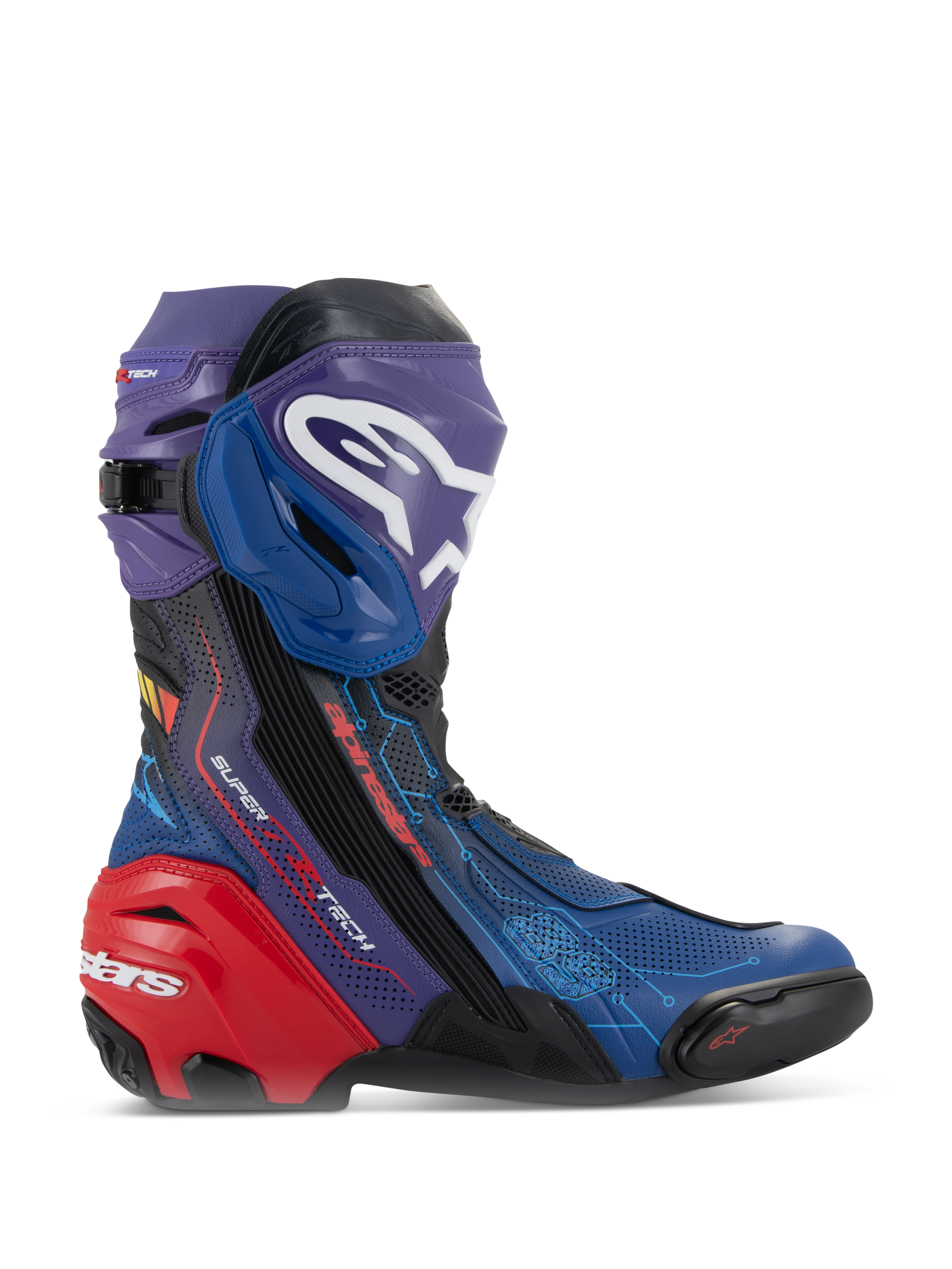 Alpinestars Supertech R LE Martinator R01 Vented laarzen, hoogwaardige race-motorlaarzen, levendige blauwe, paarse en rode kleurstelling, voorzien van een geperforeerd microvezel-chassis, opvallend wit Alpinestars-logo op de scheenplaat en een versterkte rode hielbeschermer