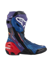 Alpinestars Supertech R LE Martinator R01 Vented laarzen, race motorlaarzen, blauw, paars en rood met zwarte accenten, geperforeerde microvezel voor luchtstroom, rode hielplaat slider, wit Astars-logo op de scheenplaat, technisch prestatiegericht ontwerp voor circuit- en weggebruik