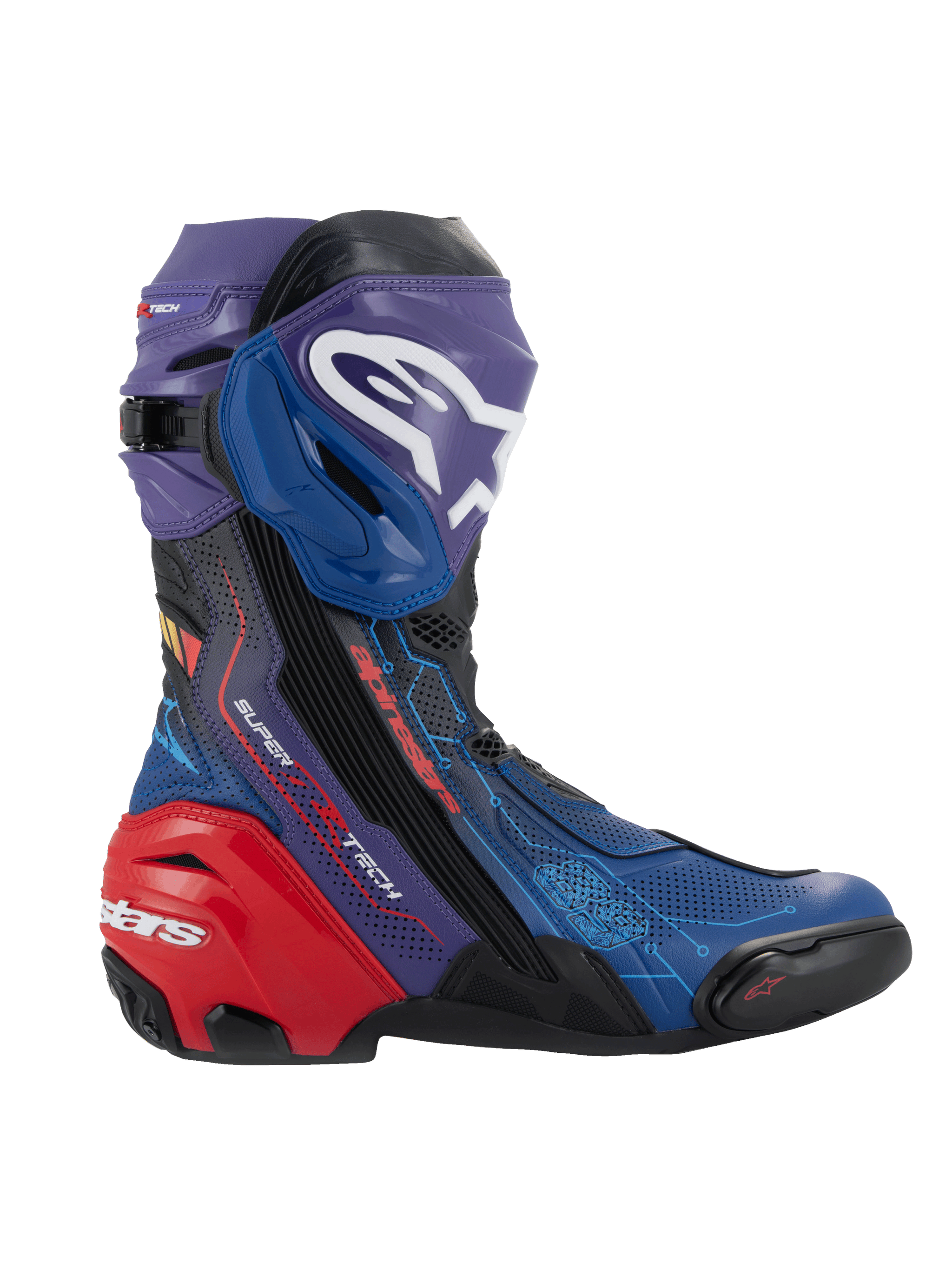 Alpinestars Supertech R LE Martinator R01 Vented laarzen, race motorlaarzen, blauw, paars en rood met zwarte accenten, geperforeerde microvezel voor luchtstroom, rode hielplaat slider, wit Astars-logo op de scheenplaat, technisch prestatiegericht ontwerp voor circuit- en weggebruik
