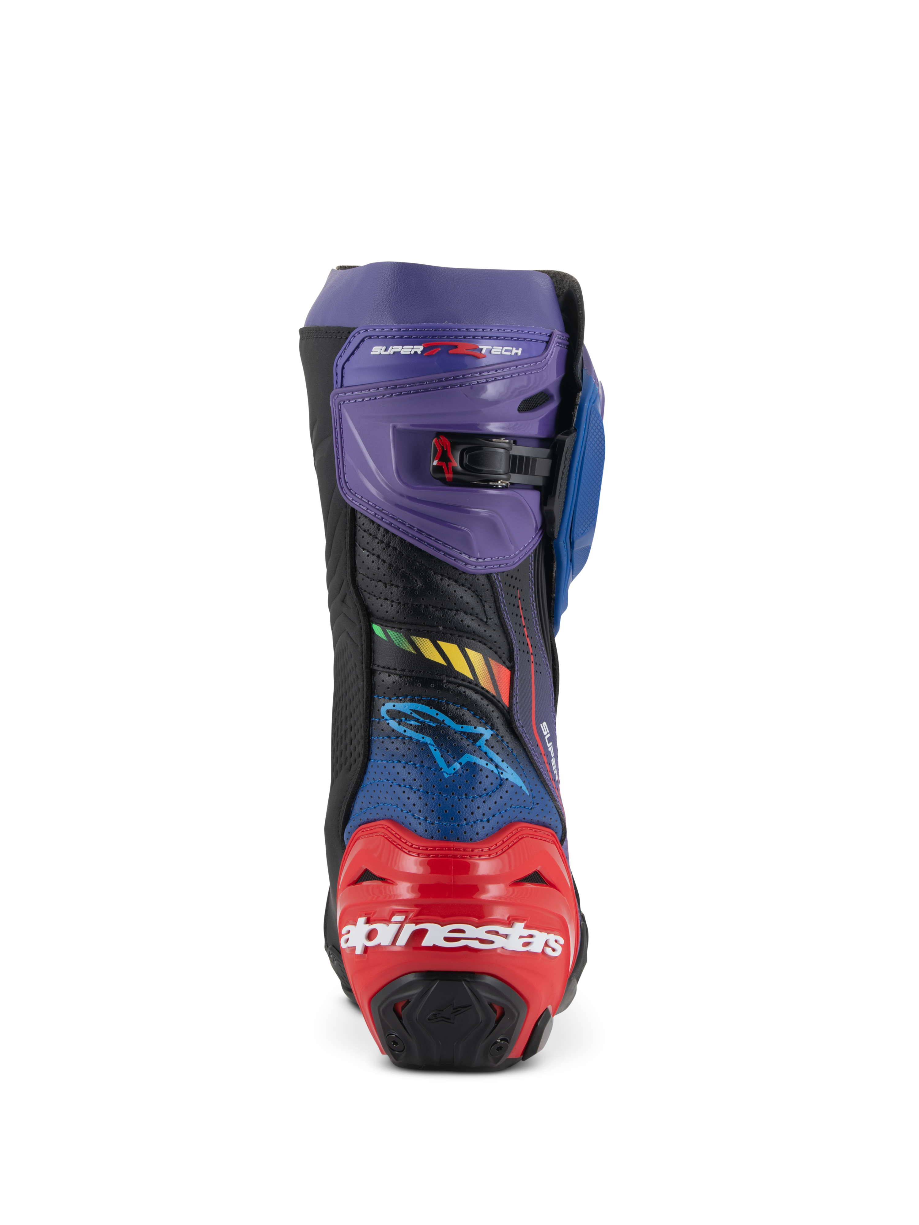 Alpinestars Supertech R LE Martinator R01 Vented laarzen, race-motorlaarzen, blauw, paars, rood en zwart, achteraanzicht met rode hielbeschermer en wit Alpinestars-logo, paarse gaiter met verstelbare gesp en geperforeerd microvezel voor luchtstroom.