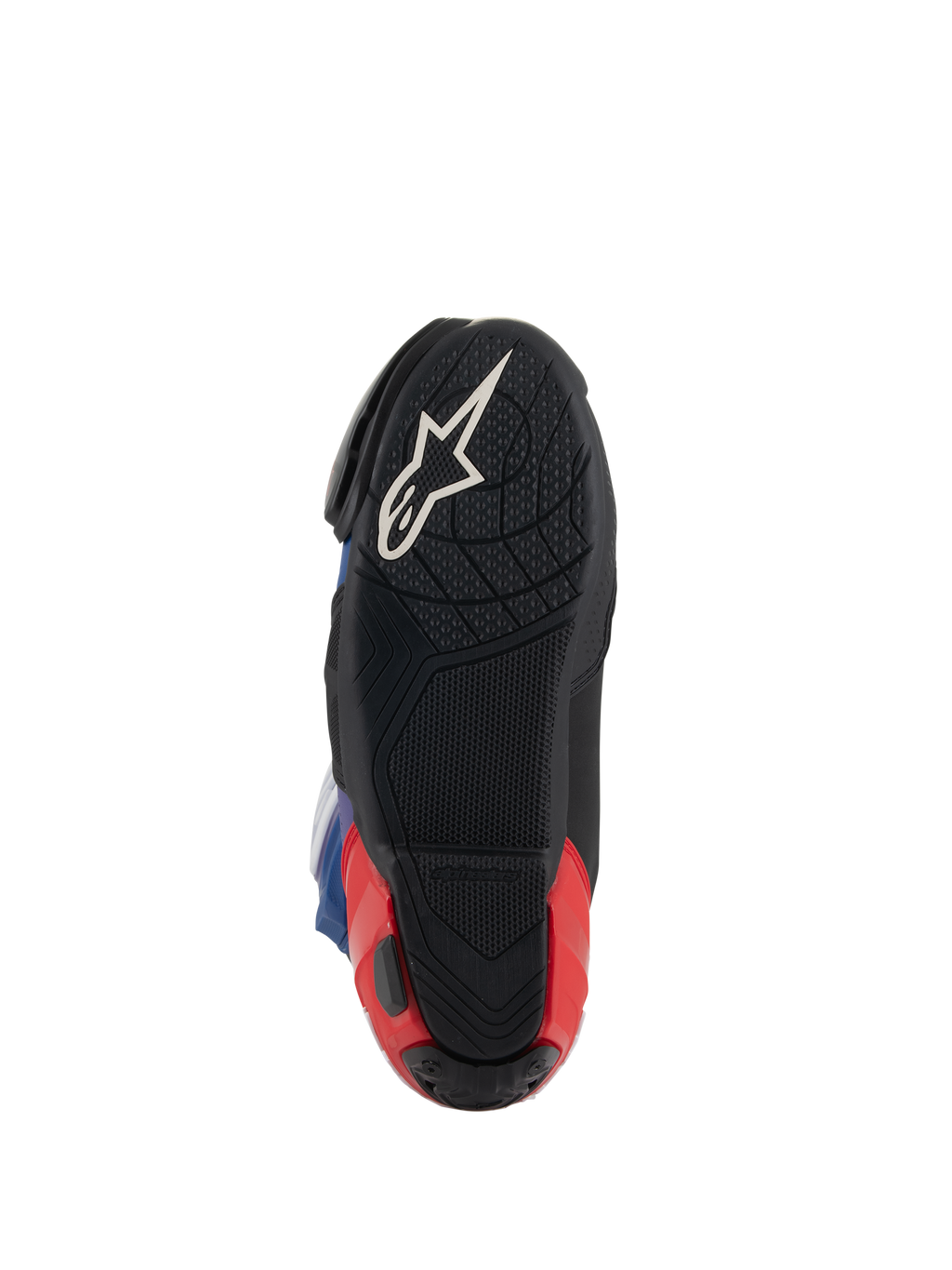 Alpinestars Supertech R LE Martinator R01 Vented laarzen, zoolaanzicht, zwart met wit Astars-logo en rode hiel, getextureerde rubbersamenstelling voor grip, performance racelaars