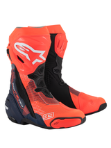 Alpinestars Supertech R Vented MM93 Replica Boots, Professional Motorcycle Racing Boots, Red Fluo Dark Blue and Black, featuring Marc Marquez 93 branding, perforated microfiber construction for ventilation, sleek aerodynamic design with advanced protective sliders
