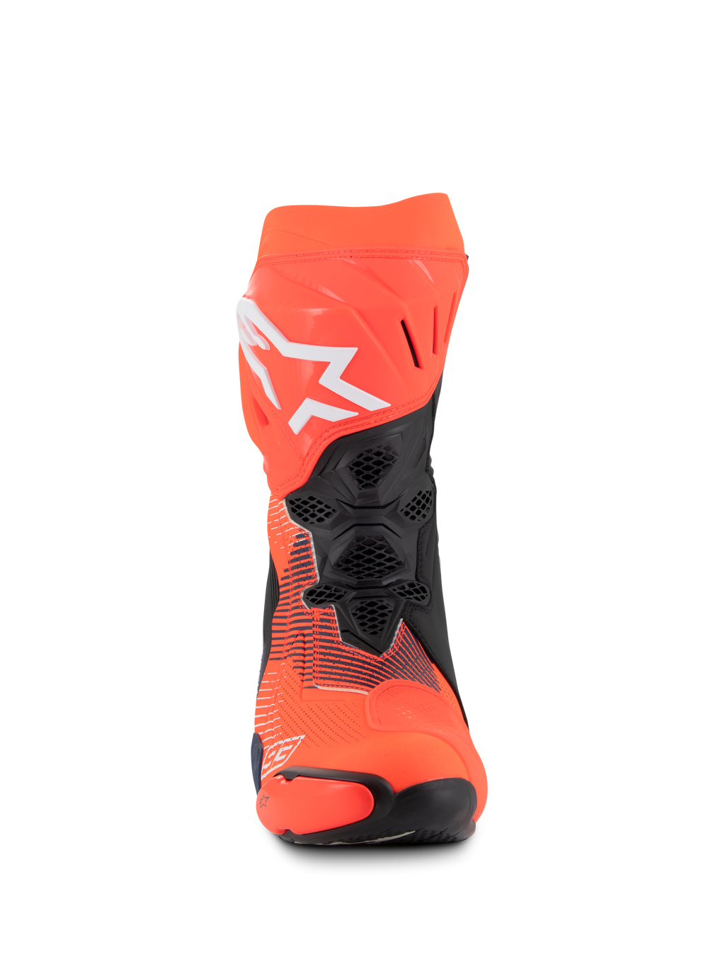 Alpinestars Supertech R Vented MM93 Replica laarzen, race-motorlaarzen, fluorood, donkerblauw en zwart, vooraanzicht met mesh ventilatie, wit Alpinestars-logo en duurzame microvezelconstructie