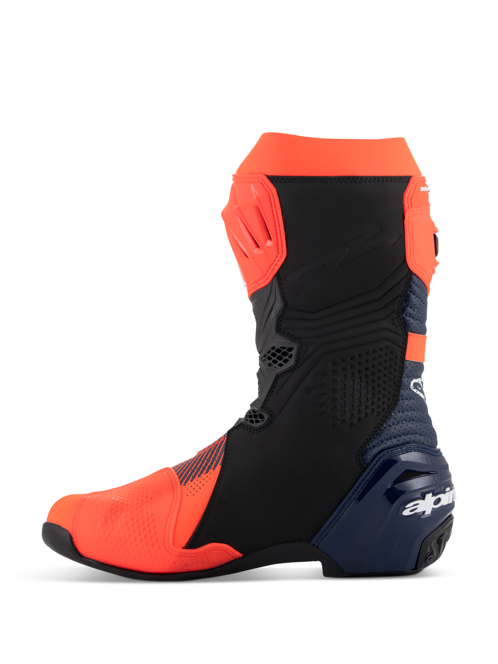 Alpinestars Supertech R Vented MM93 Replica laarzen, motor racelaarzen, fluo rood, donkerblauw en zwart, profielaanzicht binnenzijde, voorzien van geperforeerd microvezel bovenwerk, TPU-beschermingsplaten en een strak prestatiegericht ontwerp.