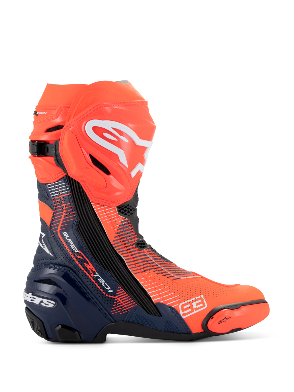 Alpinestars Supertech R Vented MM93 Replica laarzen, motorlaarzen voor racen, fluo rood en donkerblauw met zwarte accenten, voorzien van een geperforeerd bovenwerk van microvezel voor ventilatie, wit Alpinestars-logo op de scheen en nummer 93-branding op de neus.