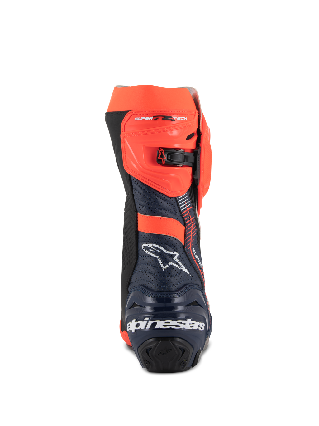 Alpinestars Supertech R Vented MM93 Replica laarzen, motorlaarzen, fluorood, donkerblauw en zwart, achteraanzicht met het witte Alpinestars-logo op de hiel en fluorode verstelbare ratelsluiting, geperforeerd microvezelontwerp voor een hoge luchtstroom