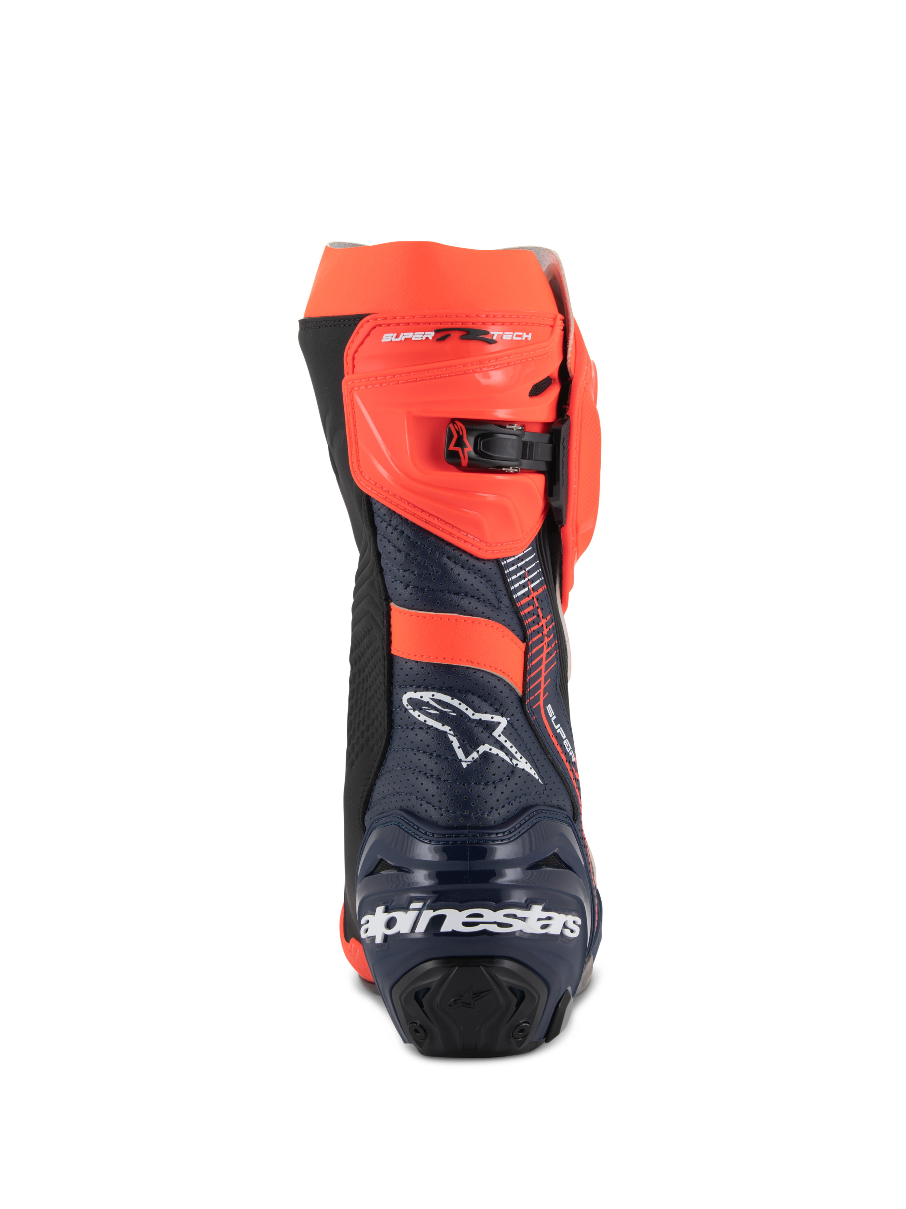 Alpinestars Supertech R Vented MM93 Replica laarzen, motorlaarzen, fluorood, donkerblauw en zwart, achteraanzicht met het witte Alpinestars-logo op de hiel en fluorode verstelbare ratelsluiting, geperforeerd microvezelontwerp voor een hoge luchtstroom