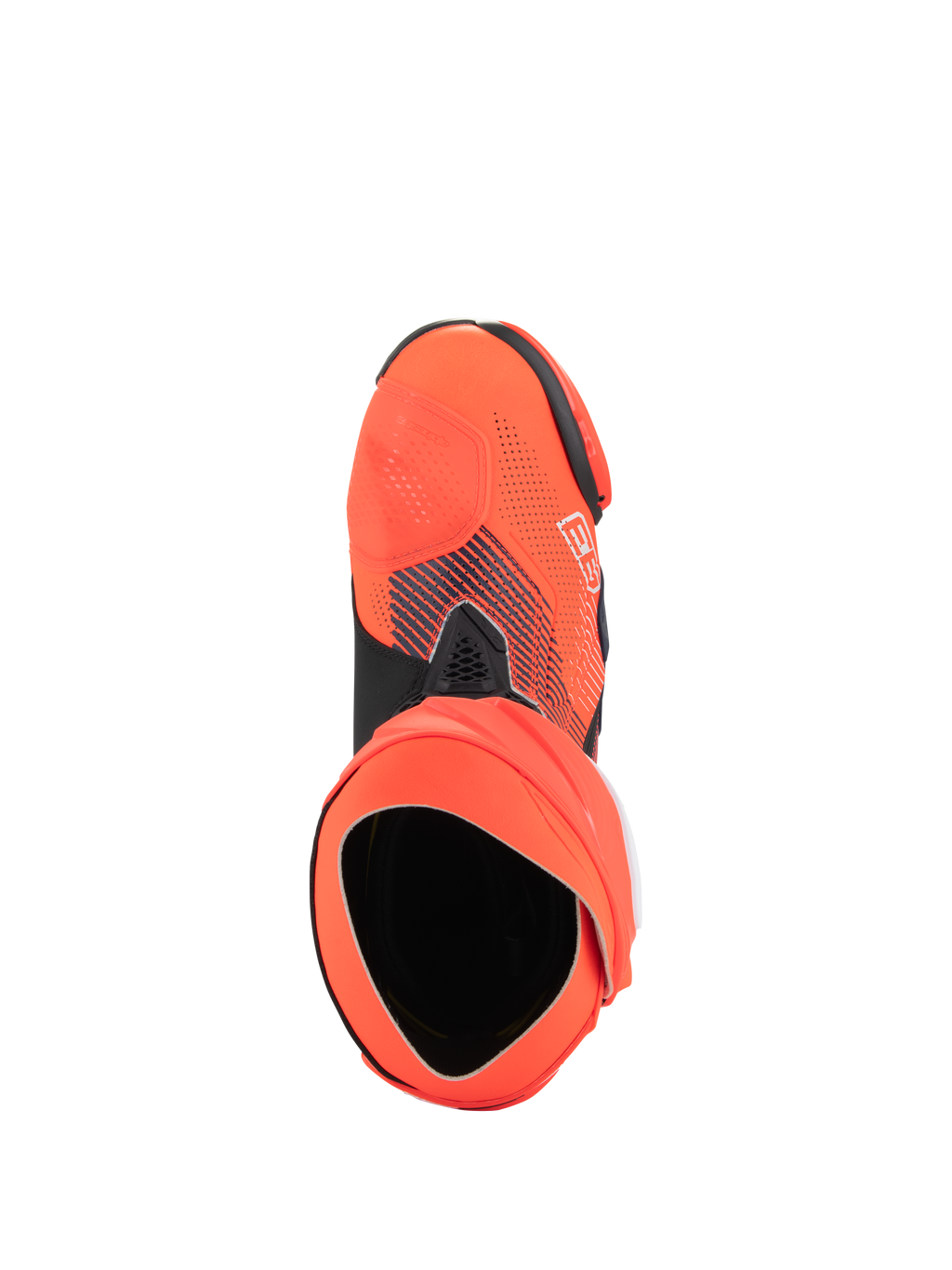 Alpinestars Supertech R Vented MM93 Replica motorlaarzen, hoogwaardige motorrace-laarzen, Red Fluo en donkerblauw, bovenaanzicht met de opening en structuur van de binnenlaars, geperforeerd microvezel bovenwerk met Marc Márquez signature graphics
