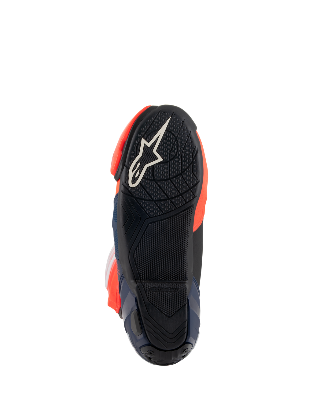 Alpinestars Supertech R Vented MM93 Replica laarzen, zoolaanzicht met zwarte rubberen buitenzool en wit sterlogo, getextureerd grippatroon voor voetsteunen, fluo rode en donkerblauwe accenten, hoogwaardig race-schoeisel