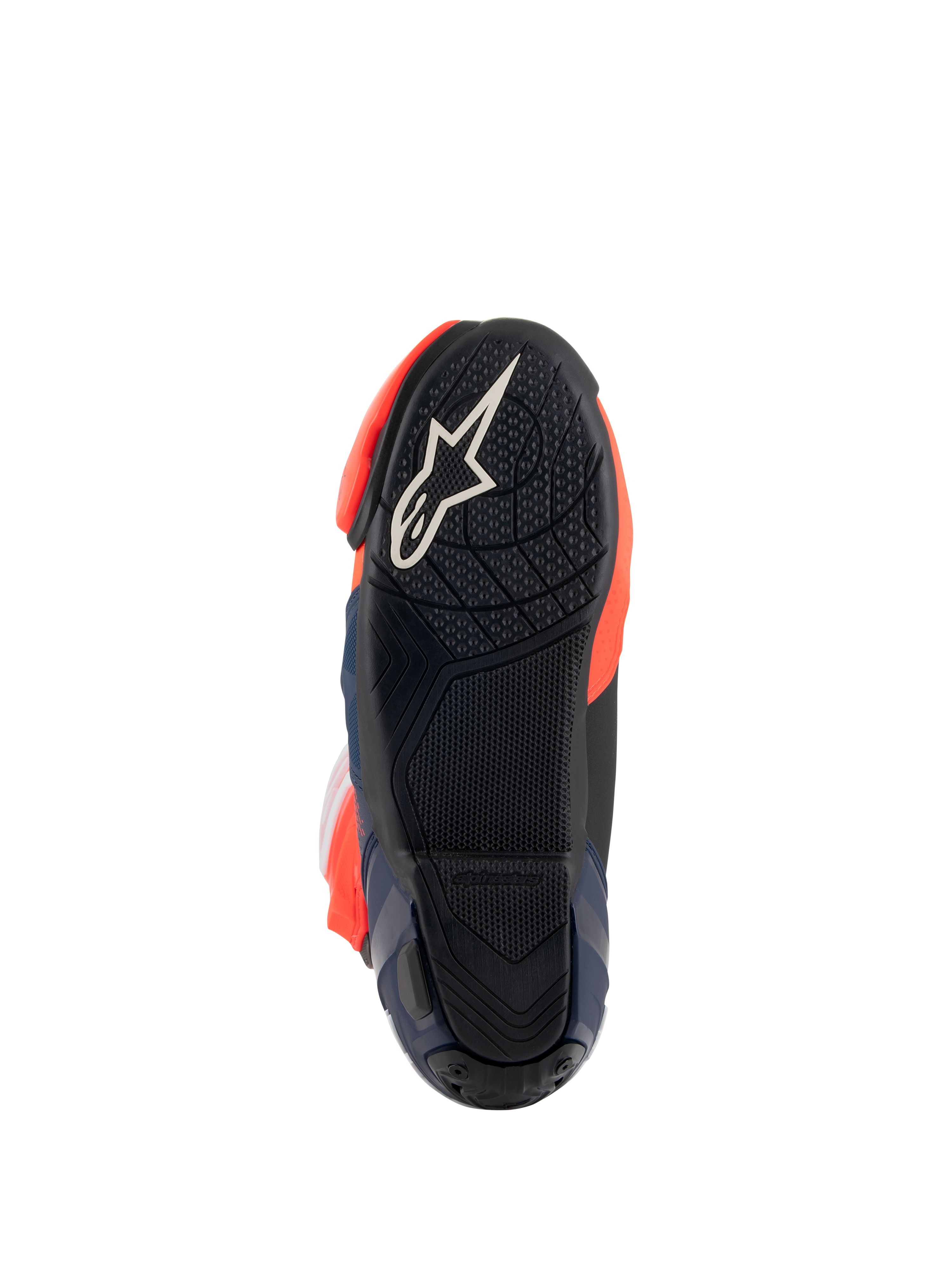 Alpinestars Supertech R Vented MM93 Replica laarzen, zoolaanzicht met zwarte rubberen buitenzool en wit sterlogo, getextureerd grippatroon voor voetsteunen, fluo rode en donkerblauwe accenten, hoogwaardig race-schoeisel