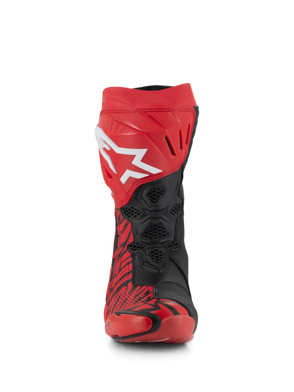 Alpinestars Supertech R LE Pecco Bagnaia Vented Boots, rode en zwarte racelaarzen, vooraanzicht, met een groot wit Alpinestars-logo op de rode scheenplaat, zwarte geperforeerde mesh-zones voor maximale luchtstroom en opvallende rode en zwarte grafische patronen.