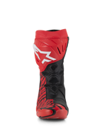 Alpinestars Supertech R LE Pecco Bagnaia Vented Boots, rode en zwarte racelaarzen, vooraanzicht, met een groot wit Alpinestars-logo op de rode scheenplaat, zwarte geperforeerde mesh-zones voor maximale luchtstroom en opvallende rode en zwarte grafische patronen.