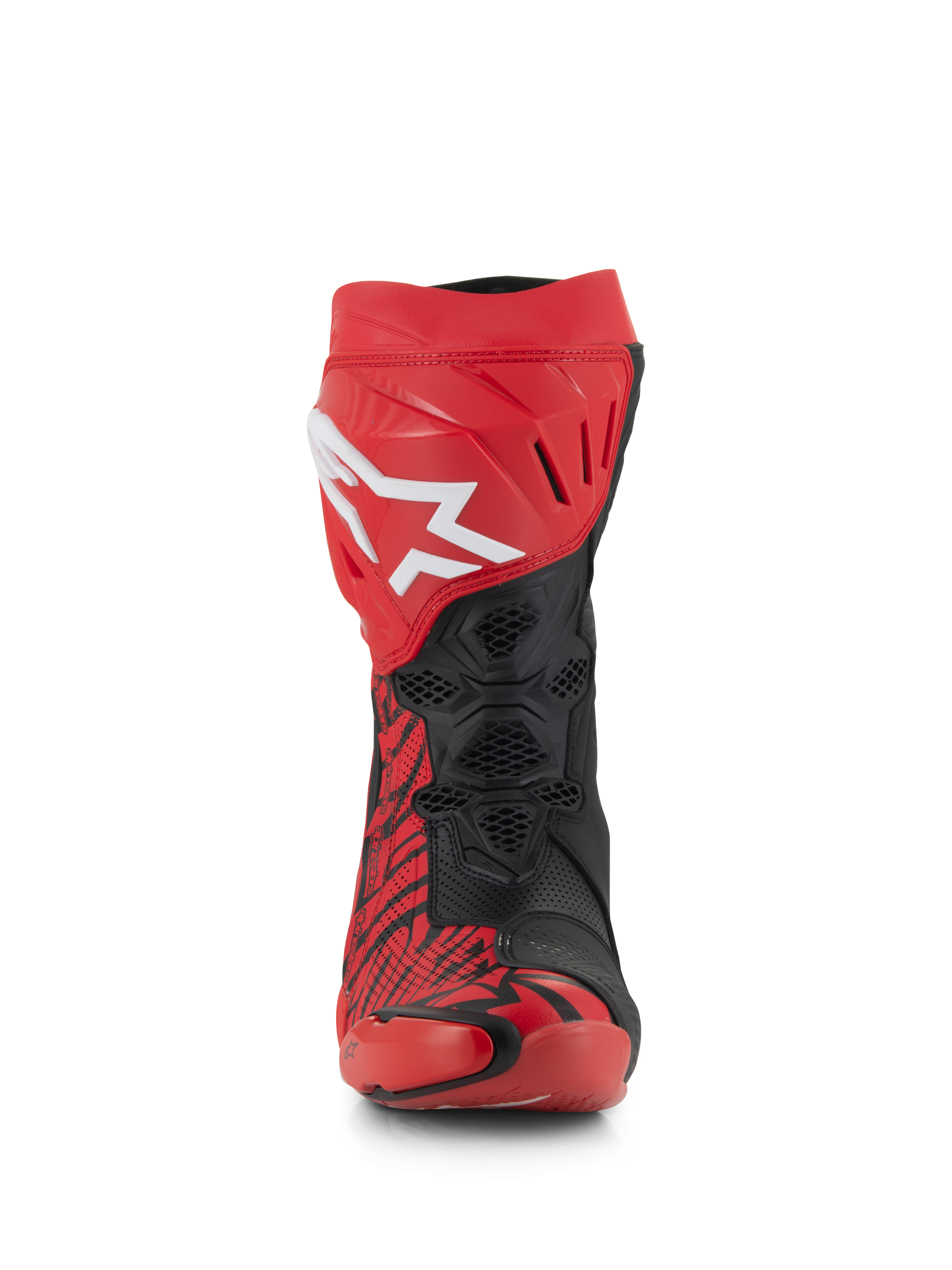 Alpinestars Supertech R LE Pecco Bagnaia Vented Boots, rode en zwarte racelaarzen, vooraanzicht, met een groot wit Alpinestars-logo op de rode scheenplaat, zwarte geperforeerde mesh-zones voor maximale luchtstroom en opvallende rode en zwarte grafische patronen.