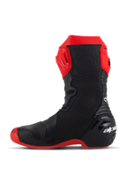 Alpinestars Supertech R LE Pecco Bagnaia Vented Boots, motorracelaarzen, rood en zwart, zijaanzicht, met uitgebreide perforaties, rode TPU-scheenplaat, versterkte hiel en rode zool, aerodynamisch ontwerp voor hoogwaardige raceprestaties