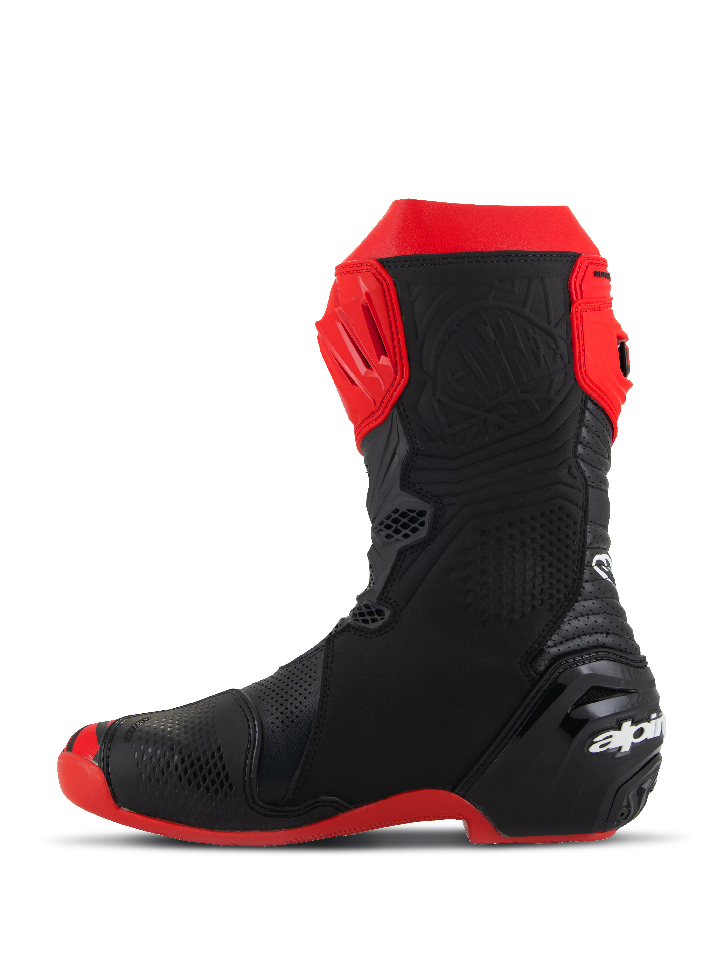 Alpinestars Supertech R LE Pecco Bagnaia Vented Boots, motorracelaarzen, rood en zwart, zijaanzicht, met uitgebreide perforaties, rode TPU-scheenplaat, versterkte hiel en rode zool, aerodynamisch ontwerp voor hoogwaardige raceprestaties