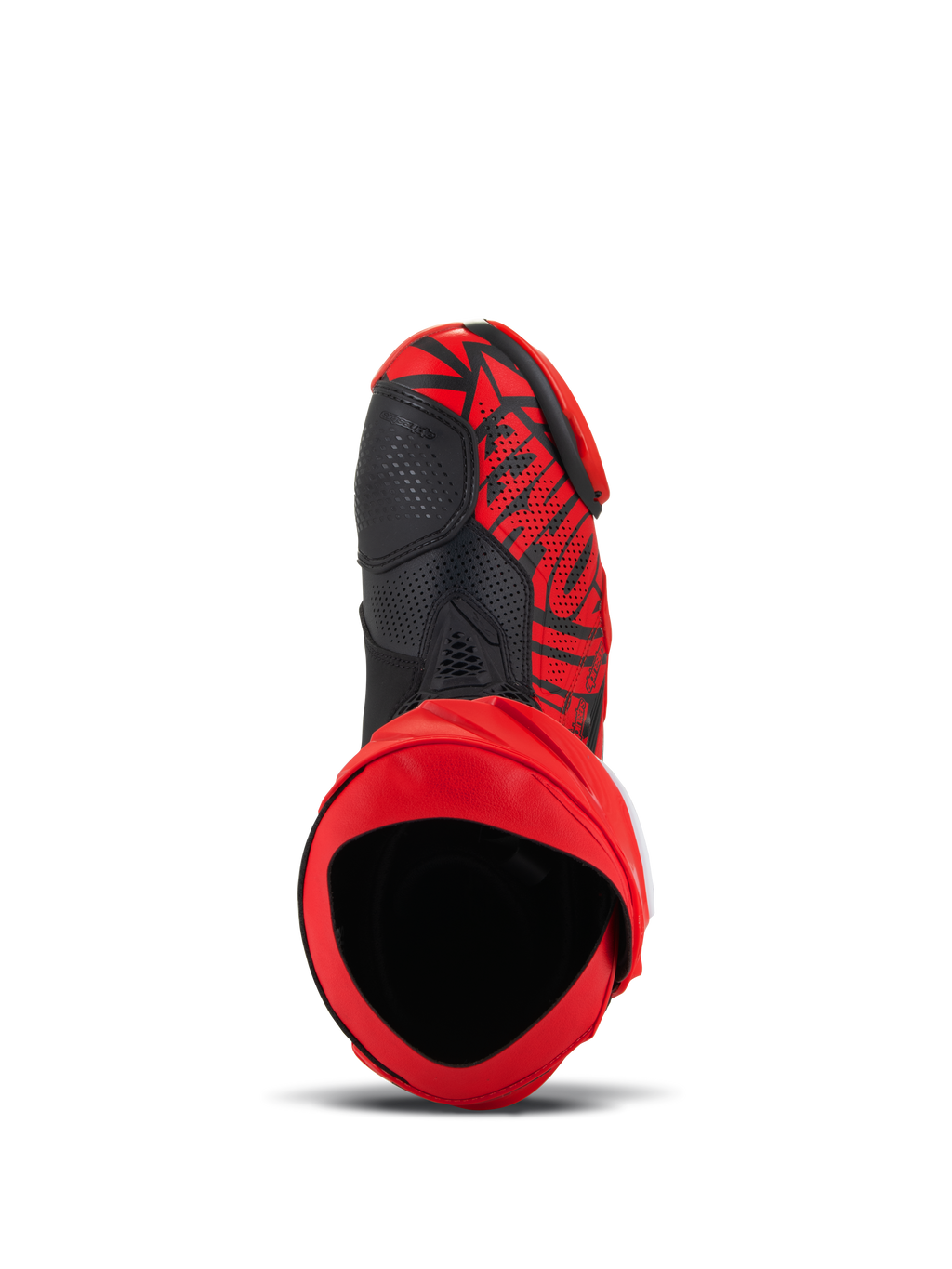 Alpinestars Supertech R LE Pecco Bagnaia Vented laarzen, rood en zwart, bovenaanzicht met zicht op de binnenkant en geperforeerd microvezel bovenwerk, opvallend grafisch ontwerp met zwarte accenten, professionele motorrace-uitrusting