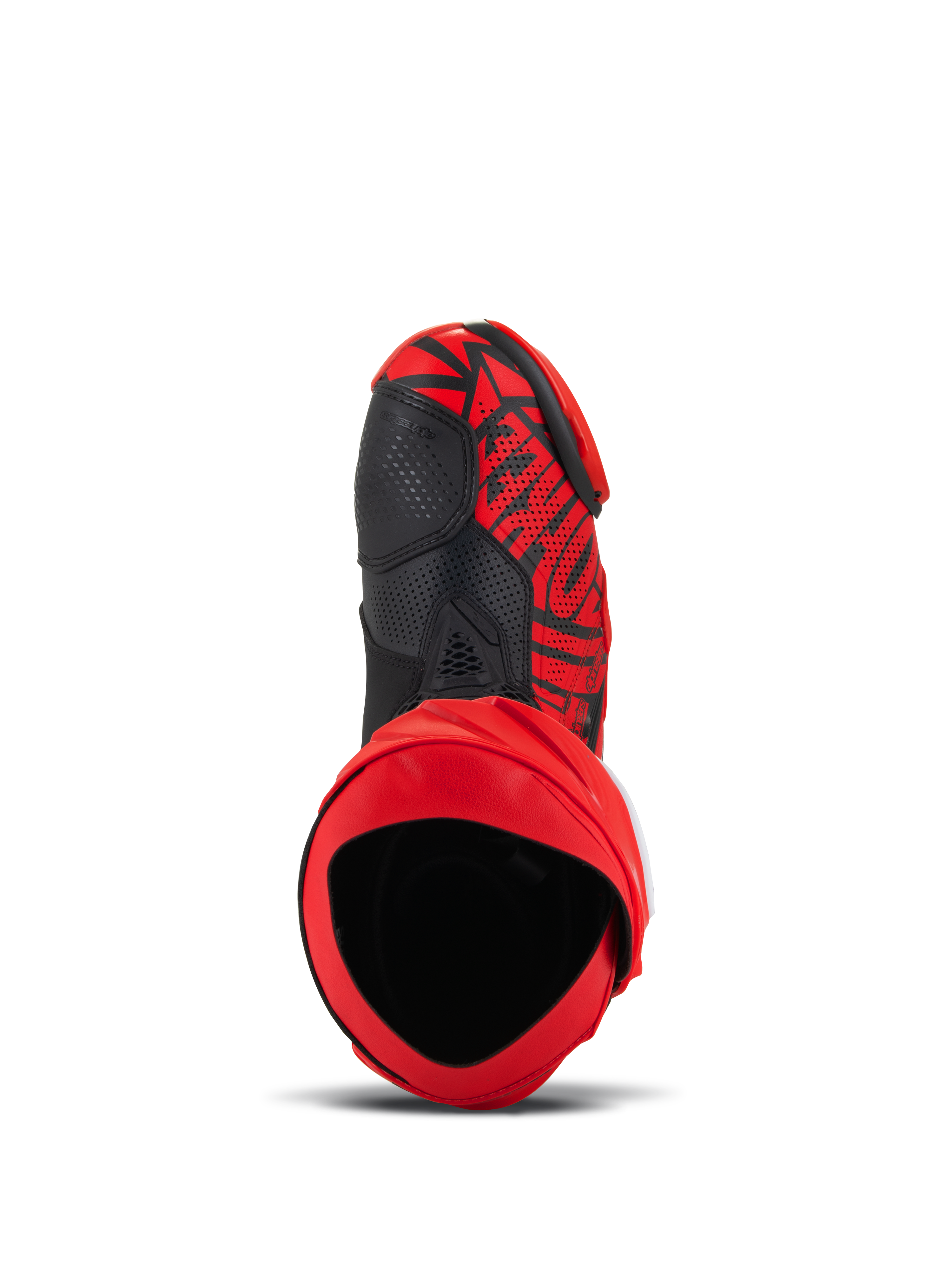 Alpinestars Supertech R LE Pecco Bagnaia Vented laarzen, rood en zwart, bovenaanzicht met zicht op de binnenkant en geperforeerd microvezel bovenwerk, opvallend grafisch ontwerp met zwarte accenten, professionele motorrace-uitrusting