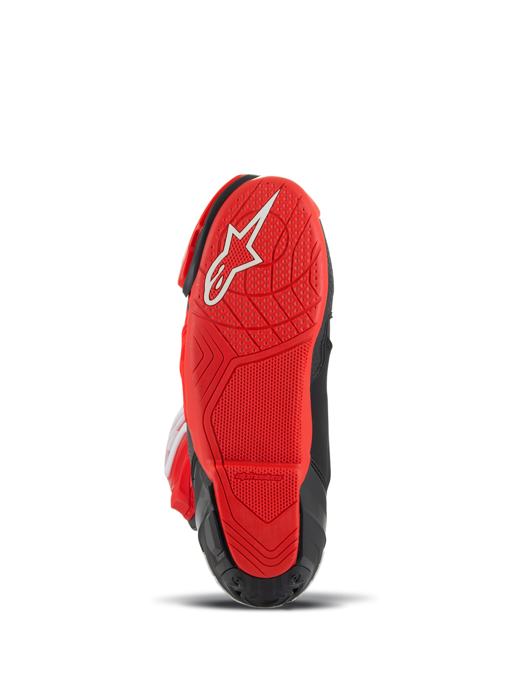 Alpinestars Supertech R LE Pecco Bagnaia Vented Boots, motorrace-laarzen, rood en zwart, onderaanzicht met rode rubberen zool, wit logo en getextureerd profiel voor grip