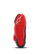 Alpinestars Supertech R LE Pecco Bagnaia Vented Boots, motorrace-laarzen, rood en zwart, onderaanzicht met rode rubberen zool, wit logo en getextureerd profiel voor grip