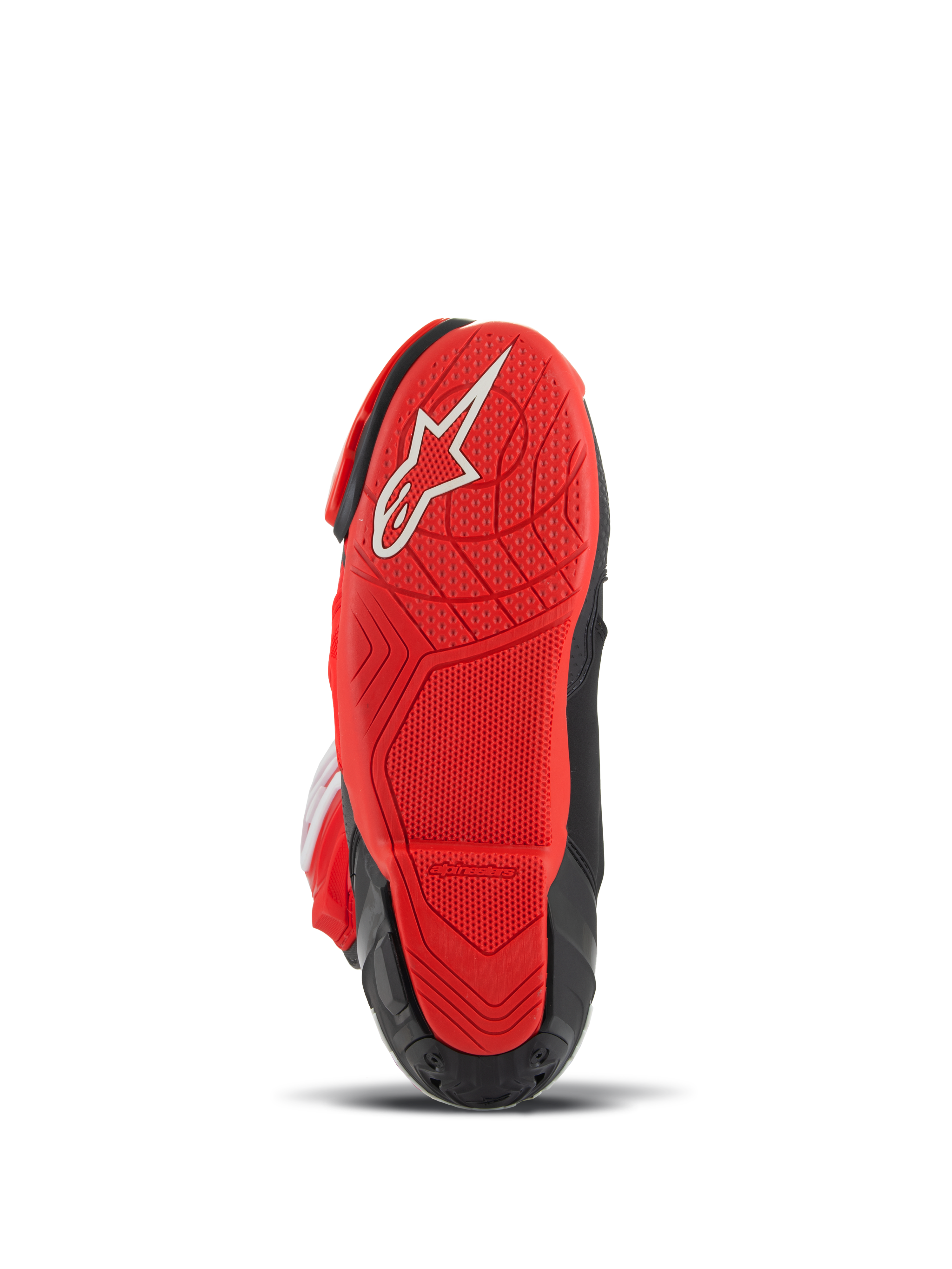 Alpinestars Supertech R LE Pecco Bagnaia Vented Boots, motorrace-laarzen, rood en zwart, onderaanzicht met rode rubberen zool, wit logo en getextureerd profiel voor grip