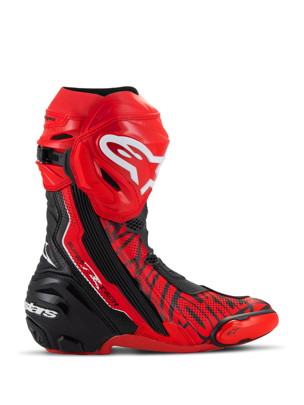 Alpinestars Supertech R LE Pecco Bagnaia Vented Boots, MotoGP-racelaarzen, rood met zwarte en witte accenten, geperforeerde microvezelconstructie voor luchtstroom, rode TPU-scheenplaat met wit logo, zwarte versterkte hiel en vervangbare teensliders, professioneel circuitgericht ontwerp
