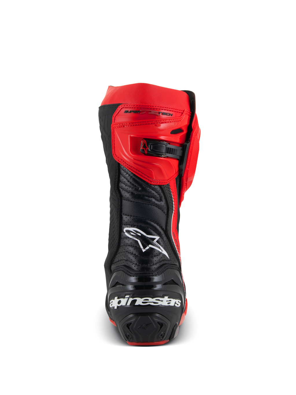 Alpinestars Supertech R LE Pecco Bagnaia Vented laarzen, achteraanzicht van een rood-zwarte motorrace-laars, geperforeerd lederen ontwerp, wit Alpinestars-logo op de achterkant, verstelbare ratelsluiting, professionele circuituitrusting
