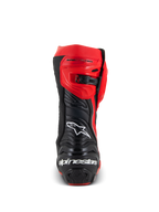 Alpinestars Supertech R LE Pecco Bagnaia Vented laarzen, achteraanzicht van een rood-zwarte motorrace-laars, geperforeerd lederen ontwerp, wit Alpinestars-logo op de achterkant, verstelbare ratelsluiting, professionele circuituitrusting