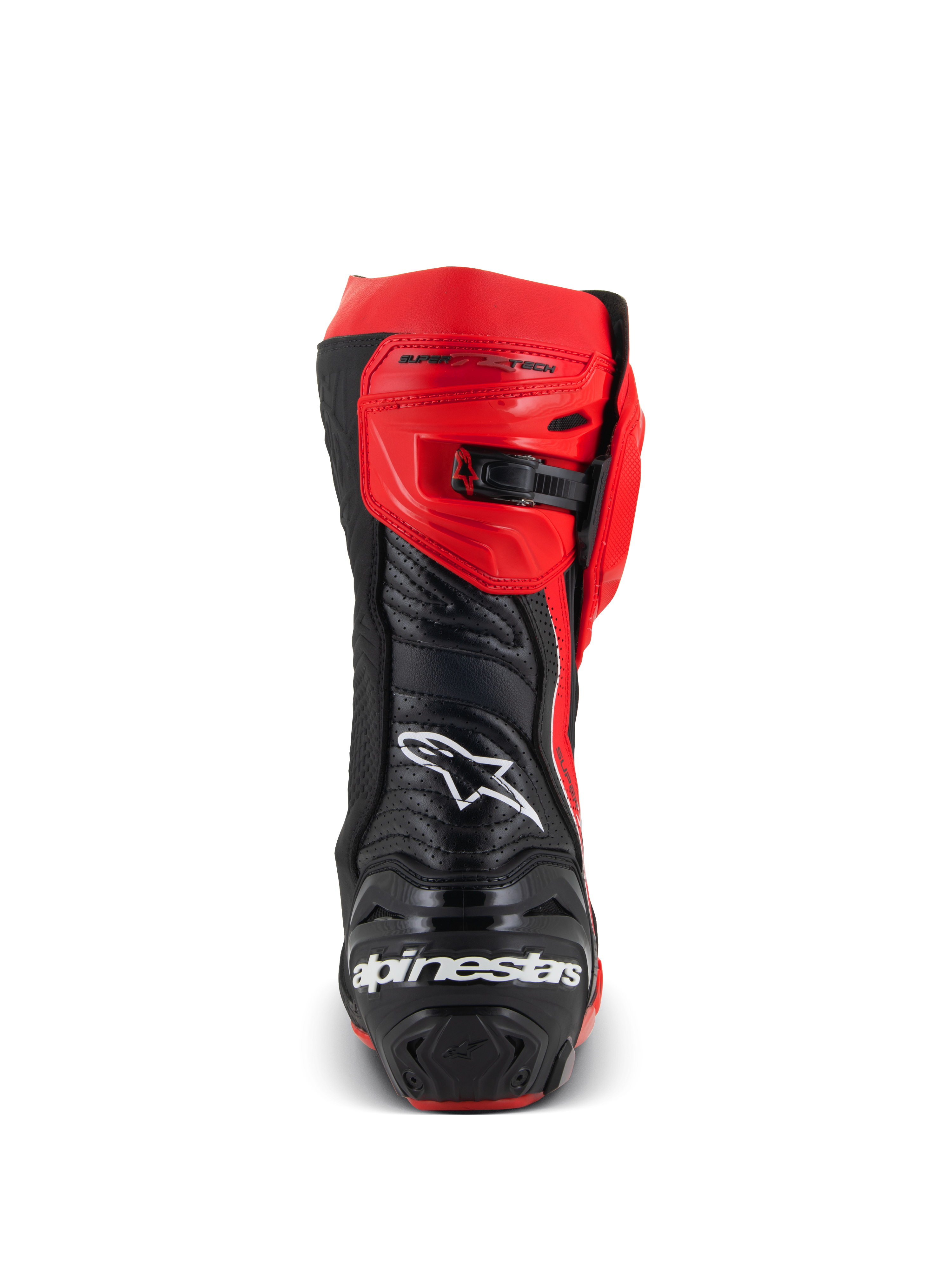 Alpinestars Supertech R LE Pecco Bagnaia Vented laarzen, achteraanzicht van een rood-zwarte motorrace-laars, geperforeerd lederen ontwerp, wit Alpinestars-logo op de achterkant, verstelbare ratelsluiting, professionele circuituitrusting