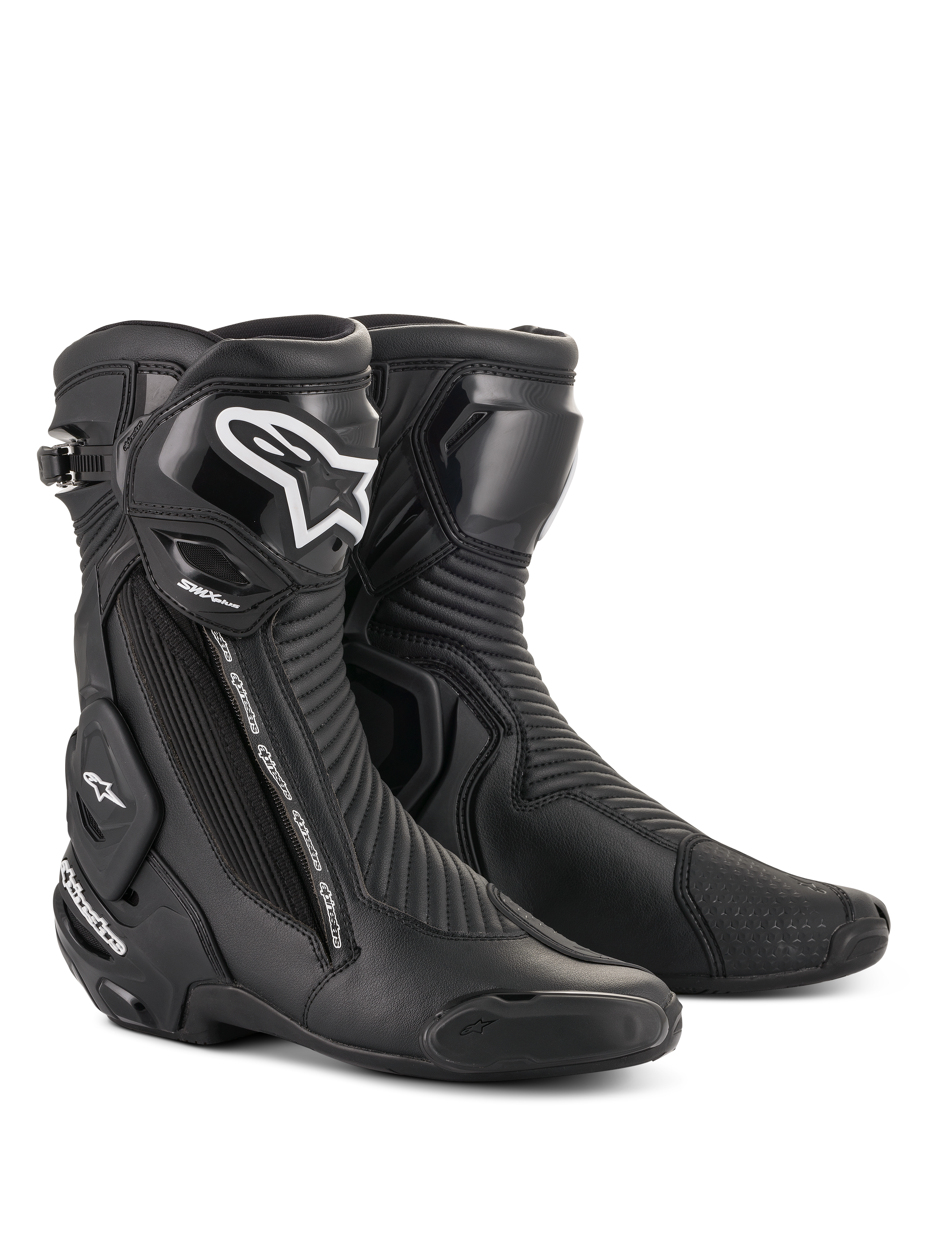 Alpinestars SMX Plus V2 laarzen, motorrace-laarzen, zwart met wit logo op het scheenbeen, hoog enkelontwerp, versterkte teensliders en hielbescherming, zijritssluiting, geribbelde accordeonpanelen voor flexibiliteit, aerodynamische constructie