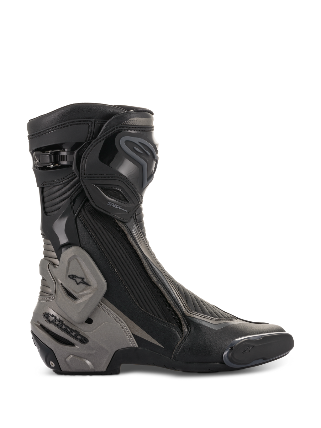 Alpinestars SMX Plus V2 laarzen, racingmotorlaarzen, zwart en donkergrijs, zijprofiel met geavanceerde TPU-scheenplaat en hielbeschermer, Multi-Link Control-systeem, flexibele accordeonzones, zijdelingse ritssluiting en aerodynamische microvezelconstructie voor prestatiegericht rijden