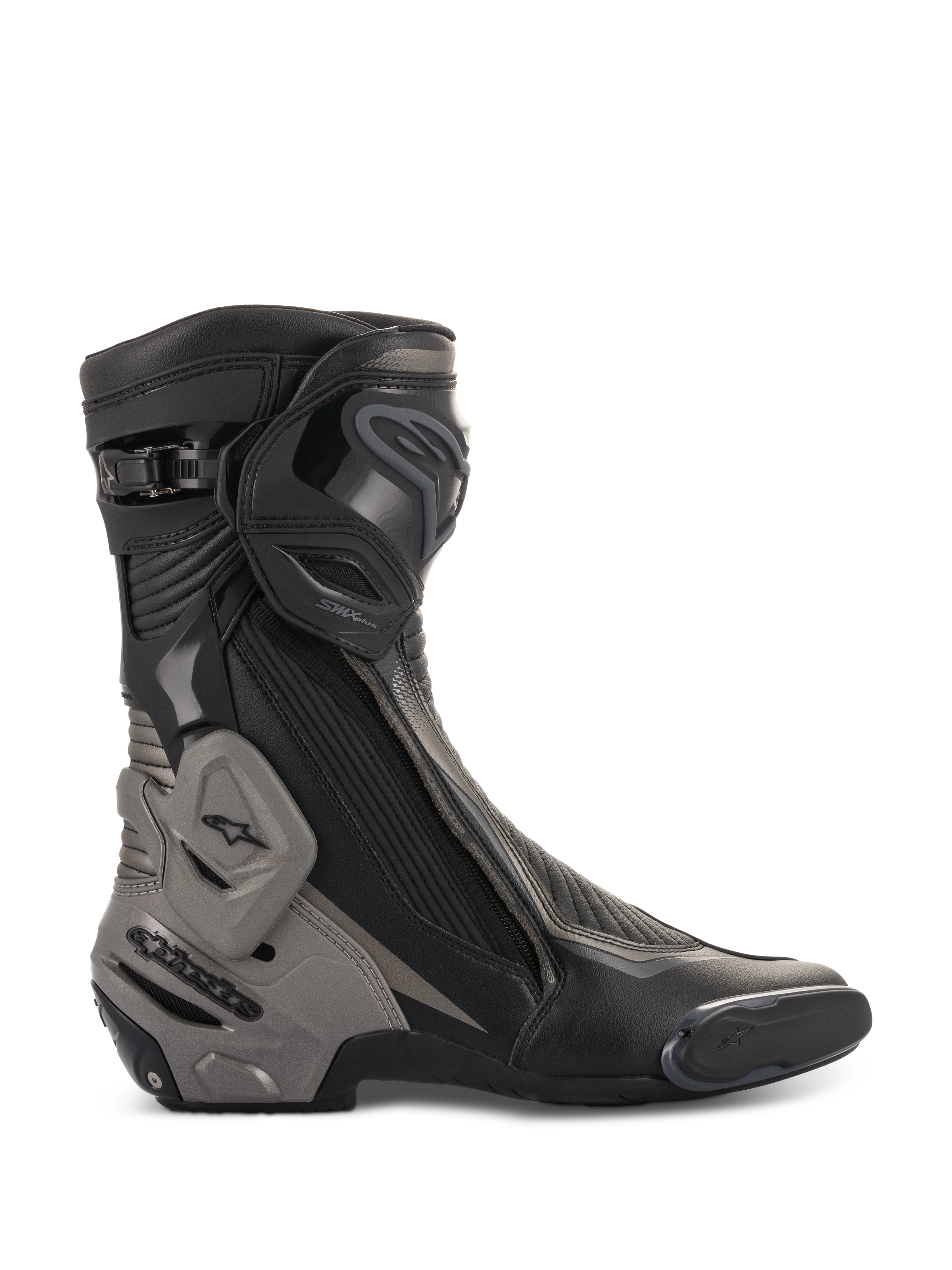Alpinestars SMX Plus V2 laarzen, racingmotorlaarzen, zwart en donkergrijs, zijprofiel met geavanceerde TPU-scheenplaat en hielbeschermer, Multi-Link Control-systeem, flexibele accordeonzones, zijdelingse ritssluiting en aerodynamische microvezelconstructie voor prestatiegericht rijden