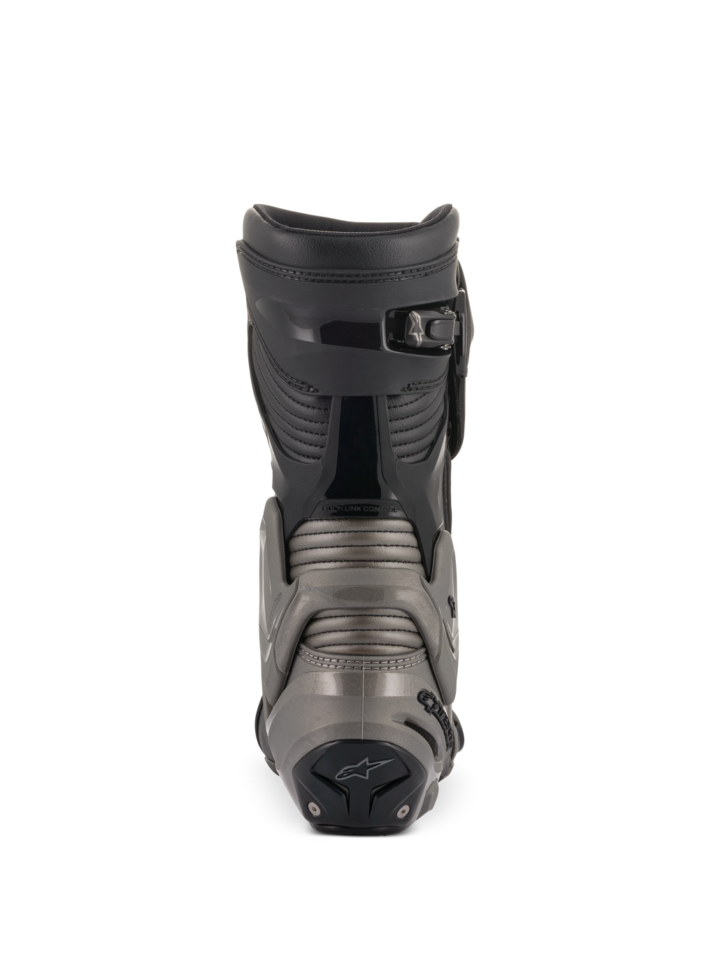 Alpinestars SMX Plus V2 laarzen, zwart en donkergrijs, achteraanzicht met het Multi-Link Control-systeem, Achilles accordeonpanelen en micro-verstelbare ratelsluiting bovenaan voor geavanceerde motorbescherming