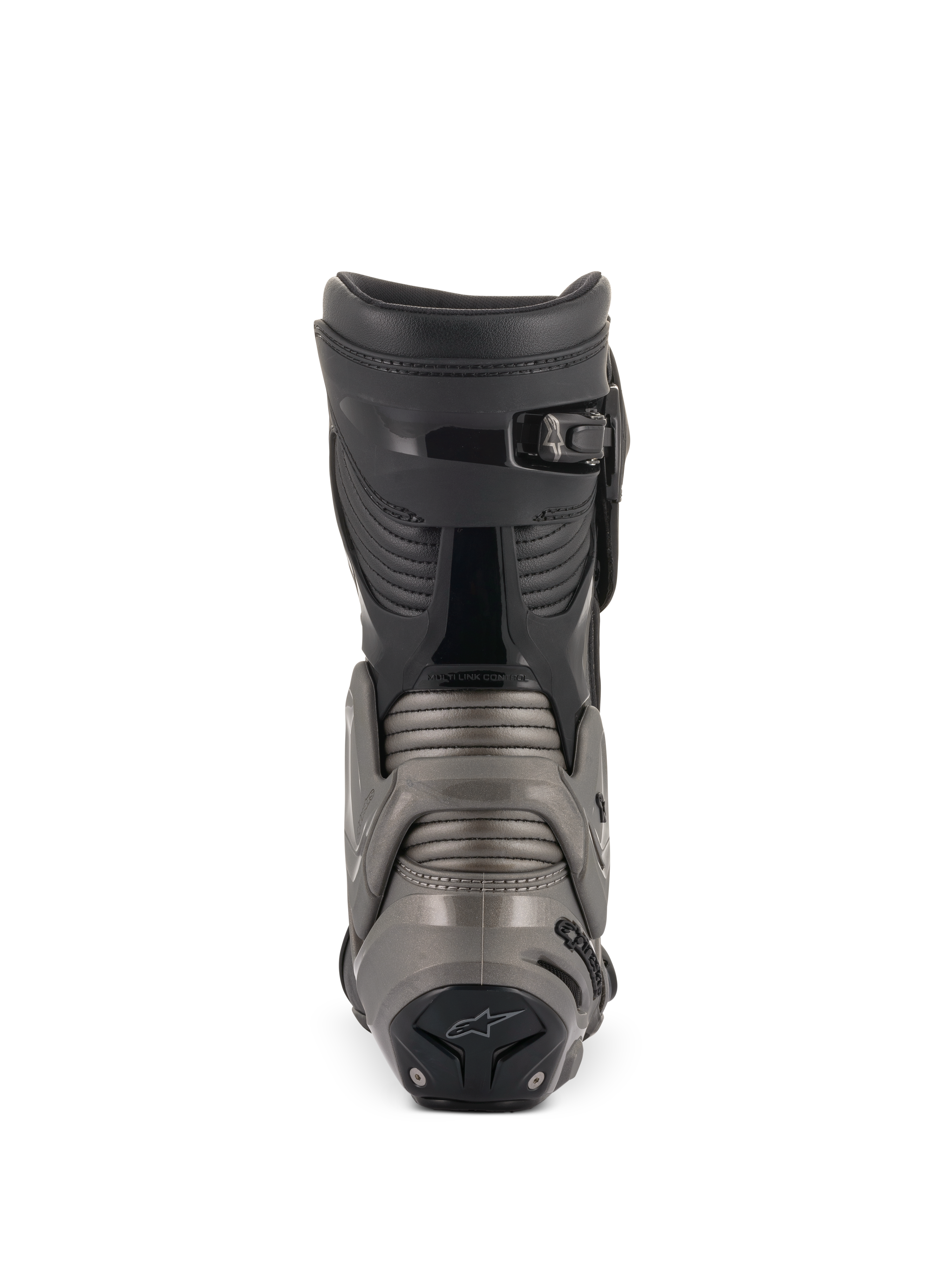 Alpinestars SMX Plus V2 laarzen, zwart en donkergrijs, achteraanzicht met het Multi-Link Control-systeem, Achilles accordeonpanelen en micro-verstelbare ratelsluiting bovenaan voor geavanceerde motorbescherming