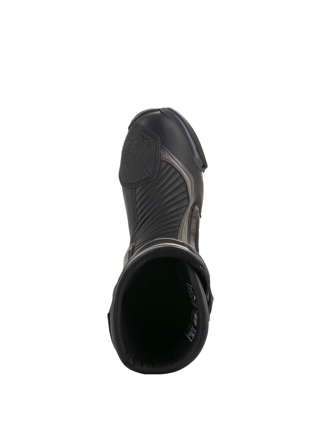 Alpinestars SMX Plus V2 Laarzen, zwart en donkergrijs, bovenaanzicht van een enkele motorlaars, met getextureerd schakelvlak, accordeon-flexzones en open bovenzijde, gestroomlijnd prestatie-schroeisel voor weggebruik
