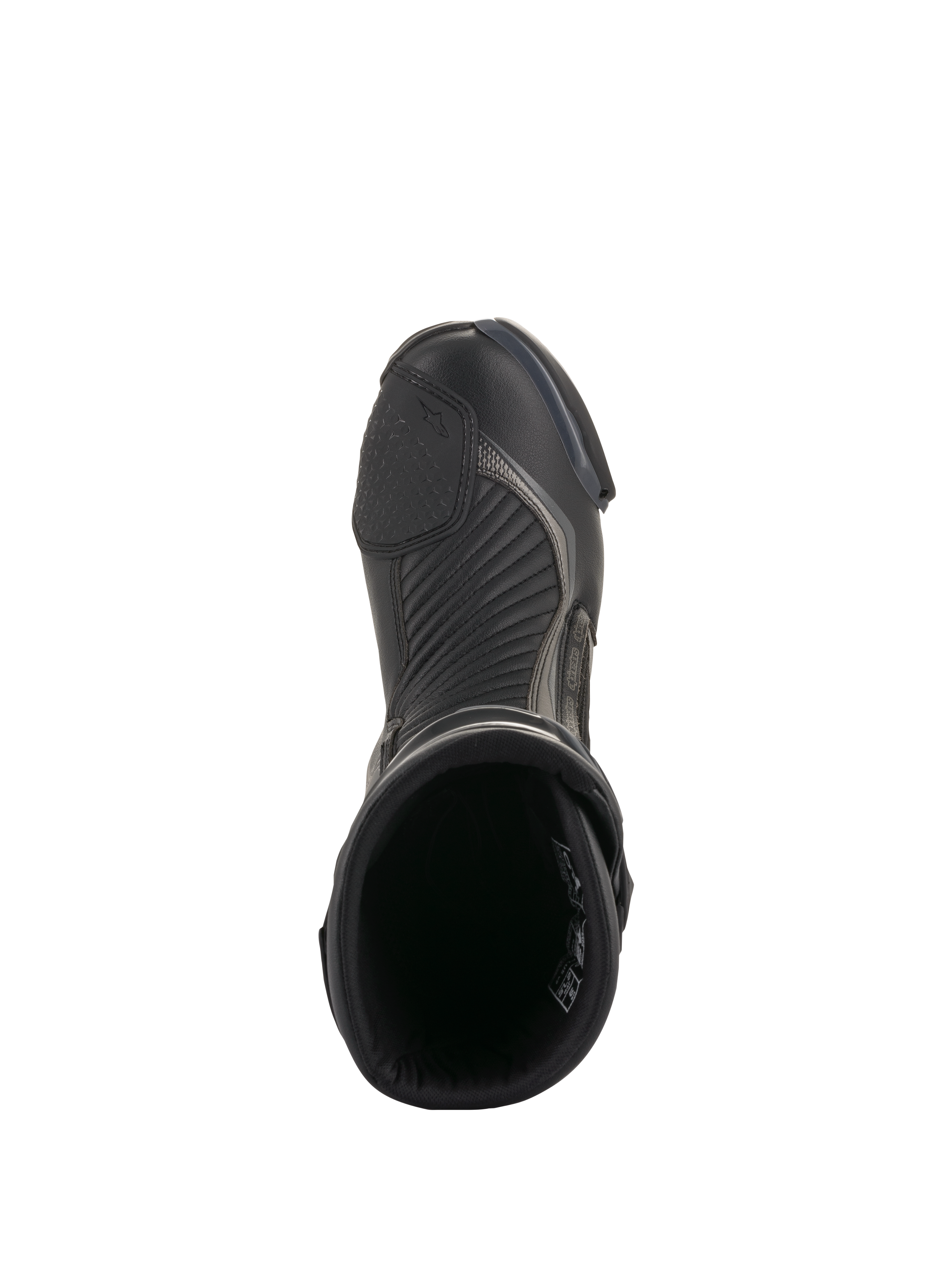Alpinestars SMX Plus V2 Laarzen, zwart en donkergrijs, bovenaanzicht van een enkele motorlaars, met getextureerd schakelvlak, accordeon-flexzones en open bovenzijde, gestroomlijnd prestatie-schroeisel voor weggebruik