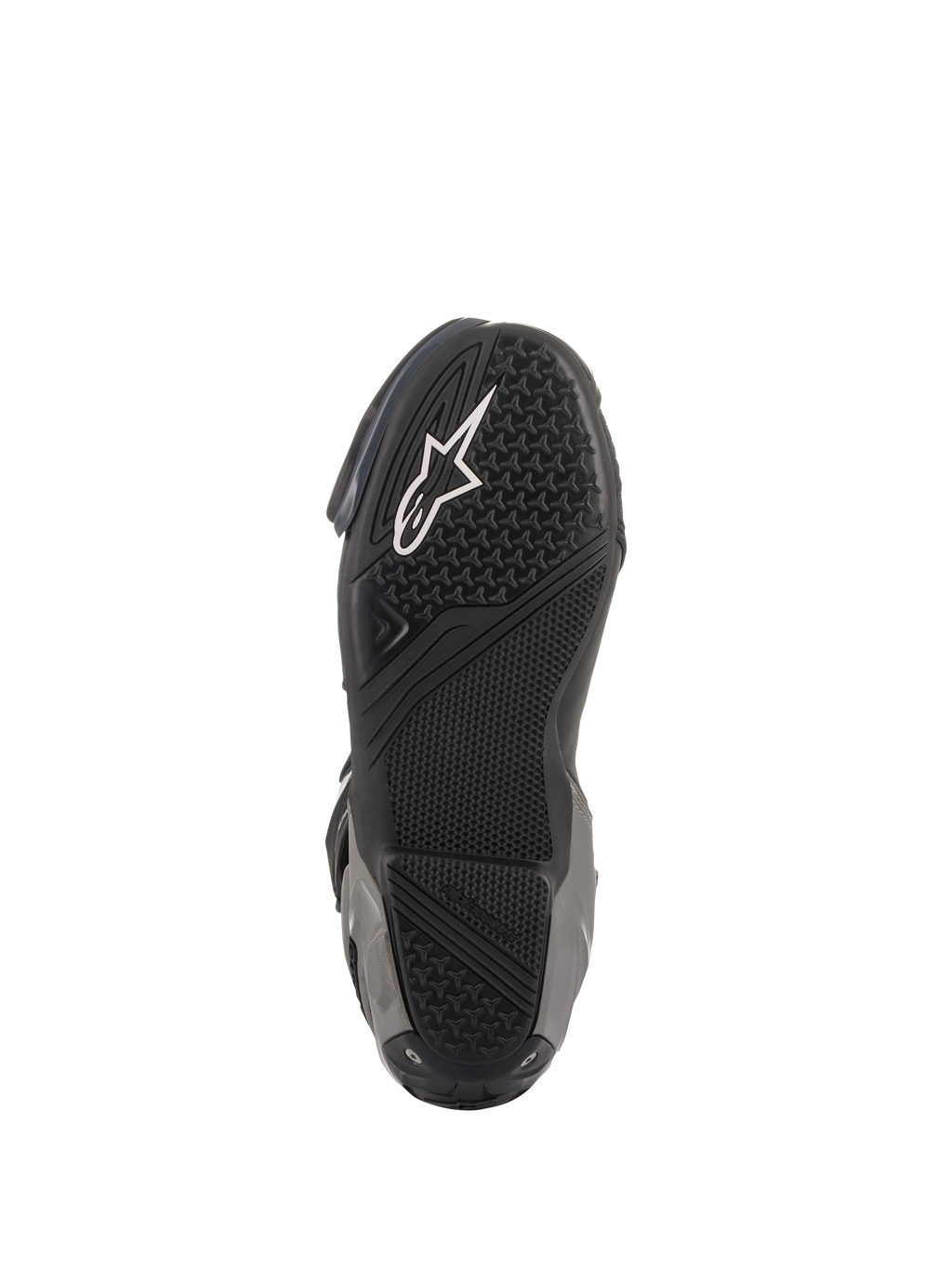 Alpinestars SMX Plus V2 laarzen, race/sport motorlaarzen, zwart en donkergrijs, onderaanzicht van de getextureerde rubberen zool met wit Astar-logo en gespecialiseerde gripzones voor tractie op de voetsteunen.