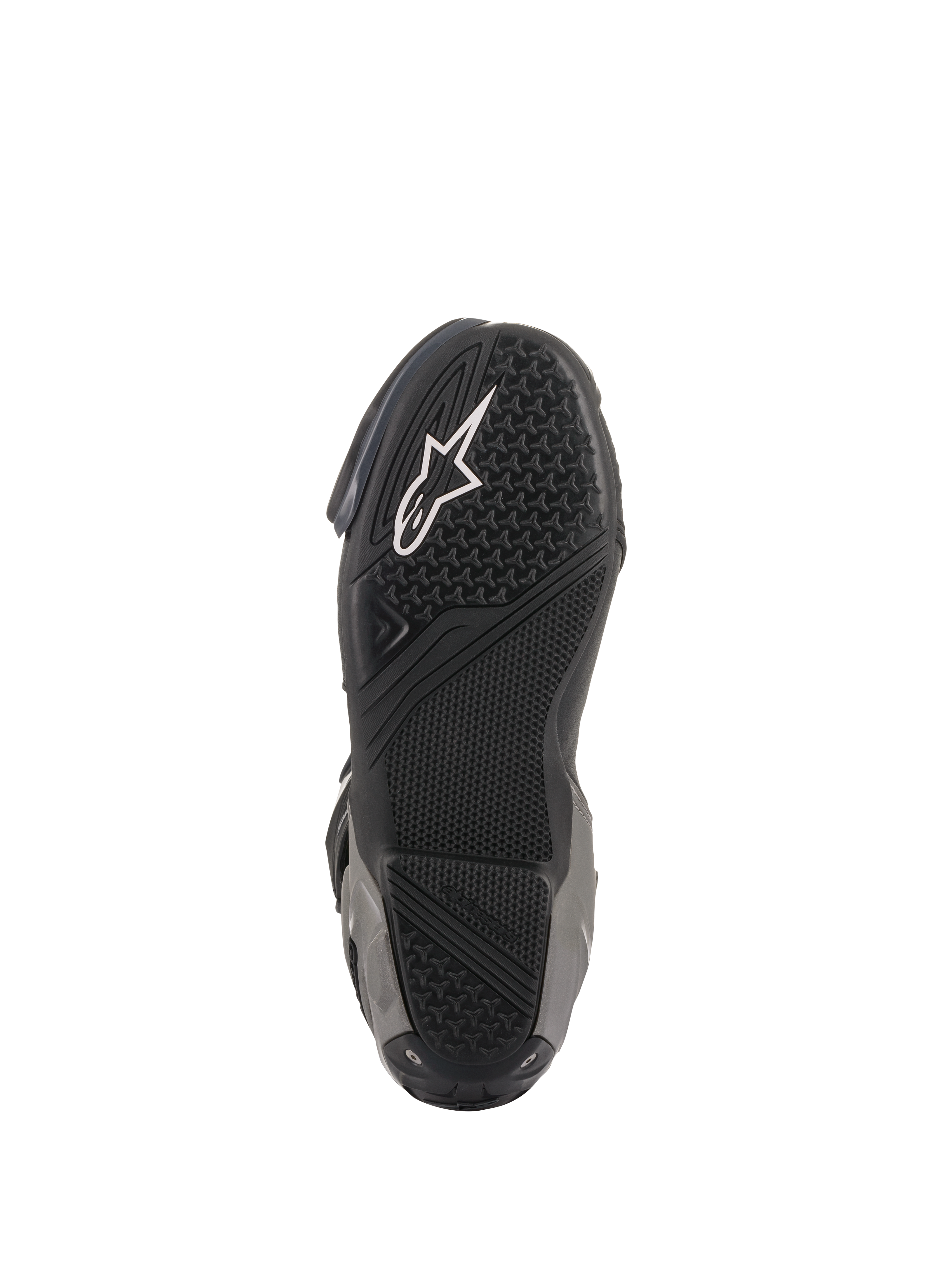 Alpinestars SMX Plus V2 laarzen, race/sport motorlaarzen, zwart en donkergrijs, onderaanzicht van de getextureerde rubberen zool met wit Astar-logo en gespecialiseerde gripzones voor tractie op de voetsteunen.