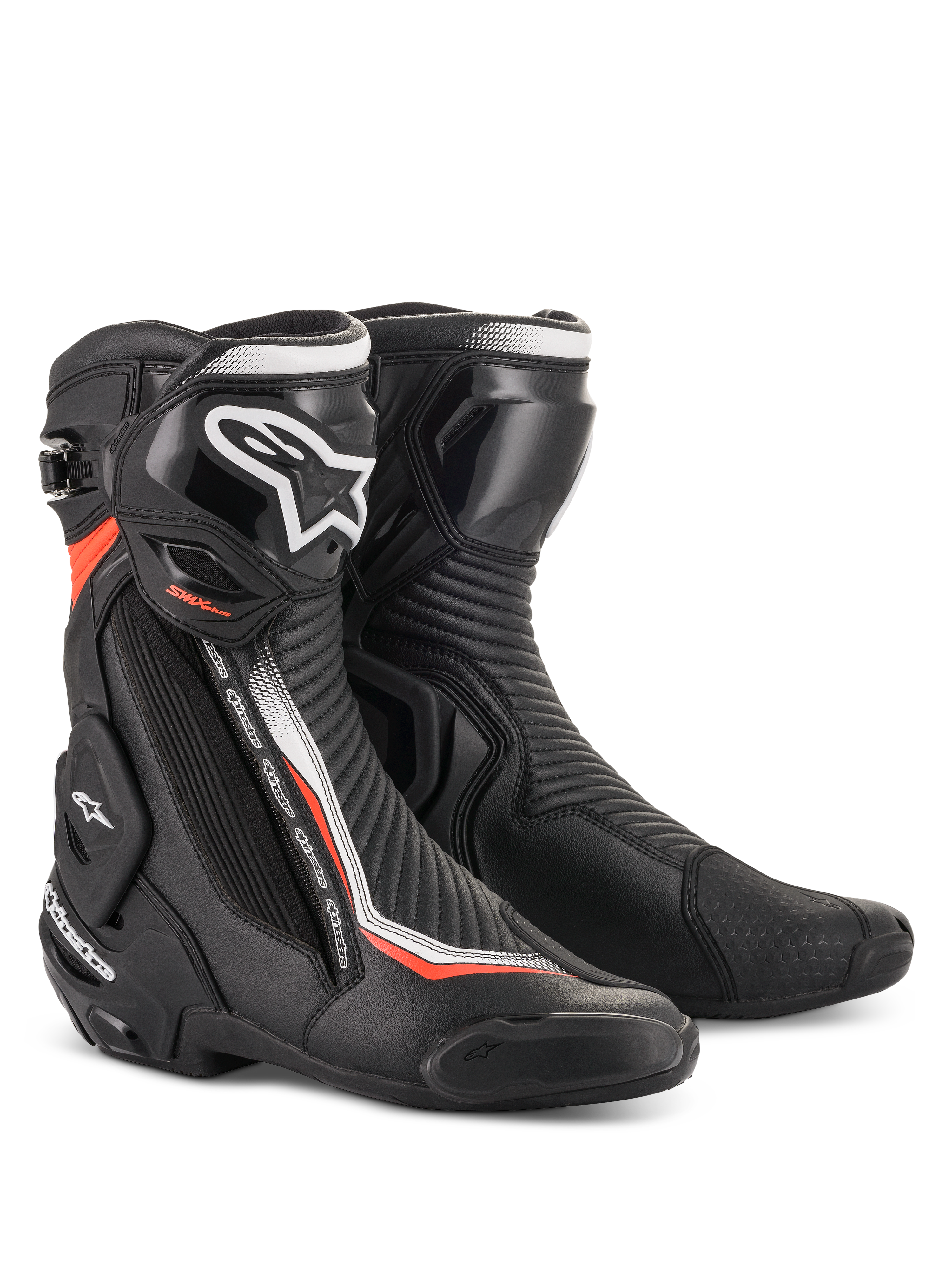 Alpinestars SMX Plus V2 motorcycle racing boots in black and red fluorescent with advanced TPU protection.