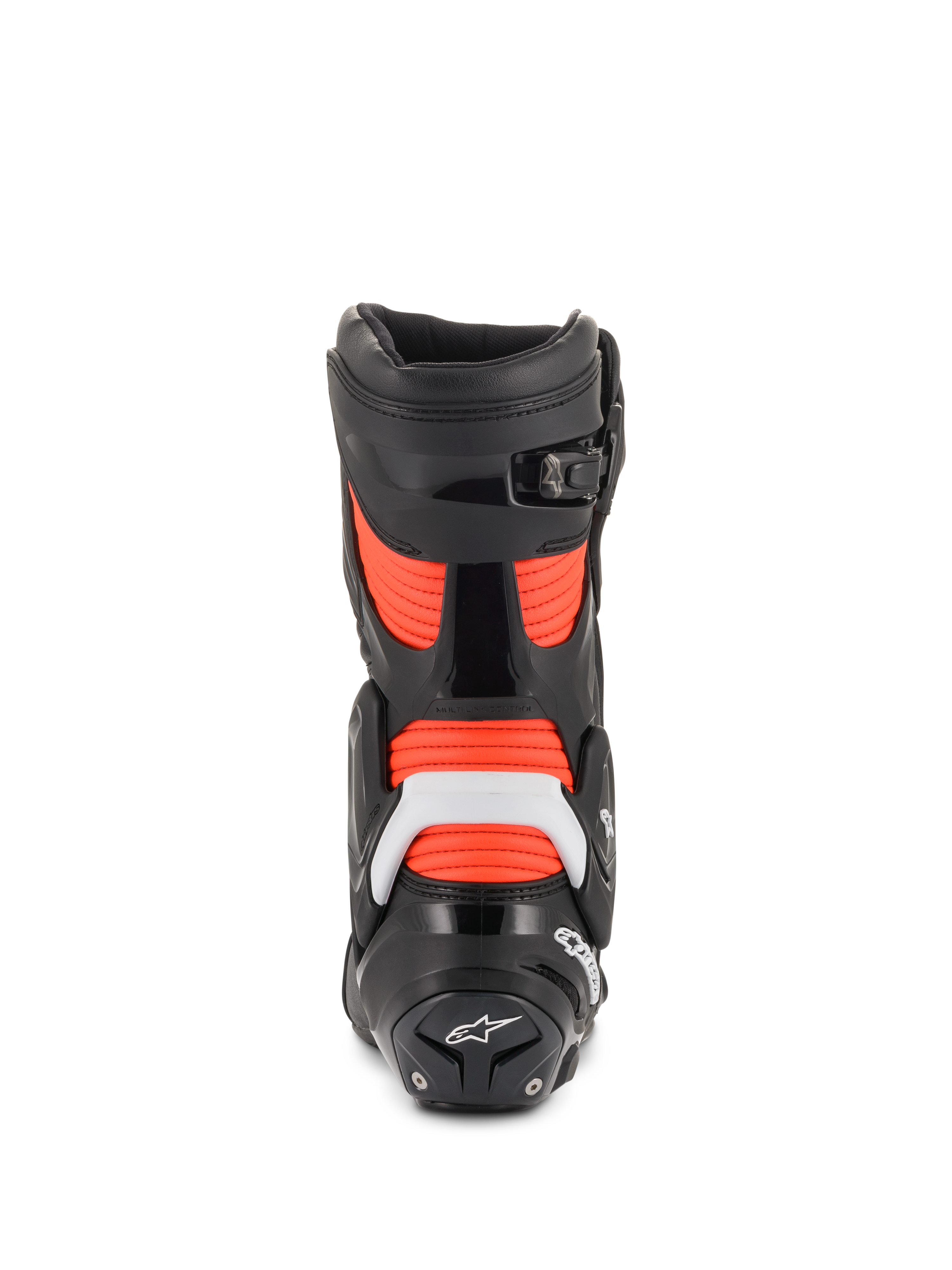 Alpinestars SMX Plus V2 men's racing boots in black and red fluo, with white TPU protection and accordion flex zones.
