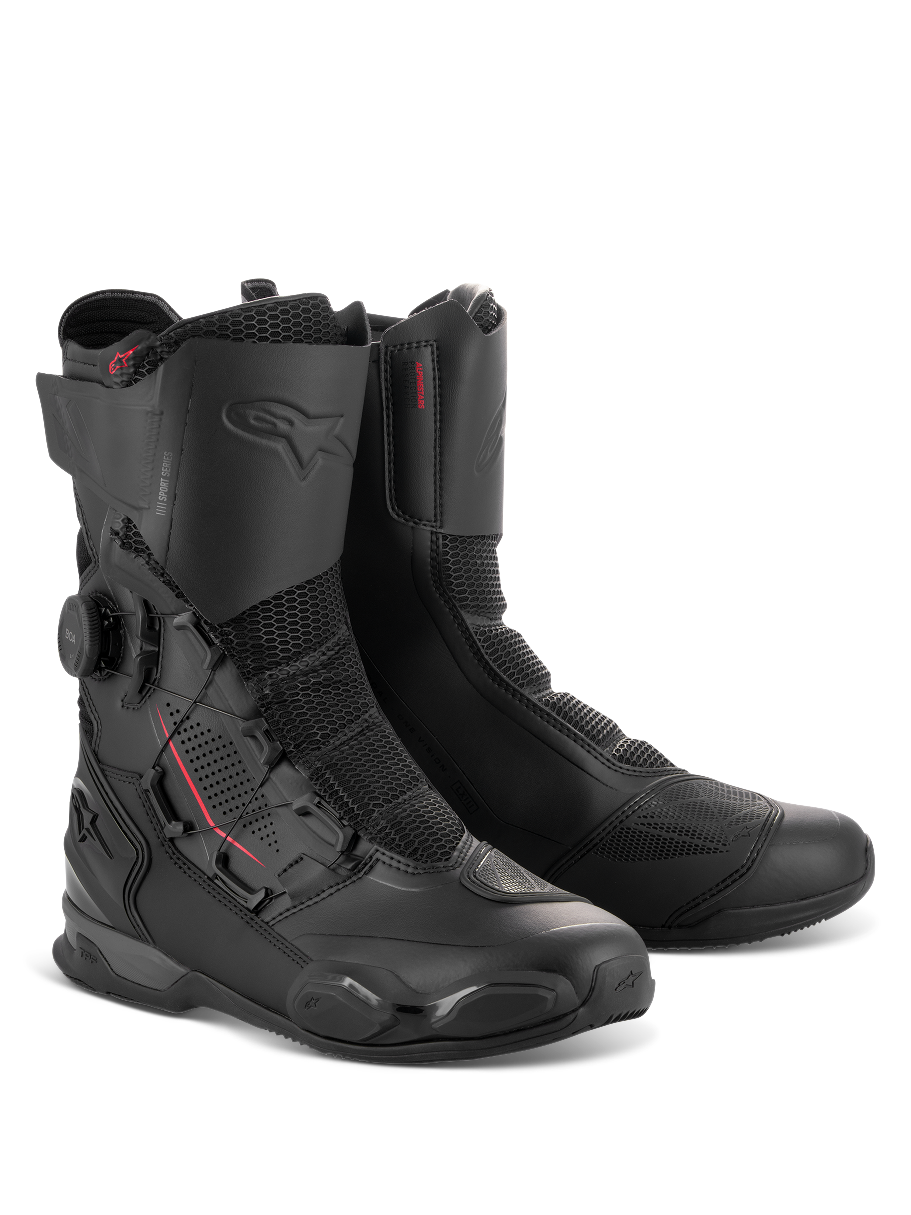 Alpinestars SP-X BOA® laarzen, middelhoge sportmotorlaarzen in Black Black, met BOA Fit-systeem aan de zijkant, Rideknit mesh-panelen en TPU-beschermende verstevigingen voor rijden op de weg