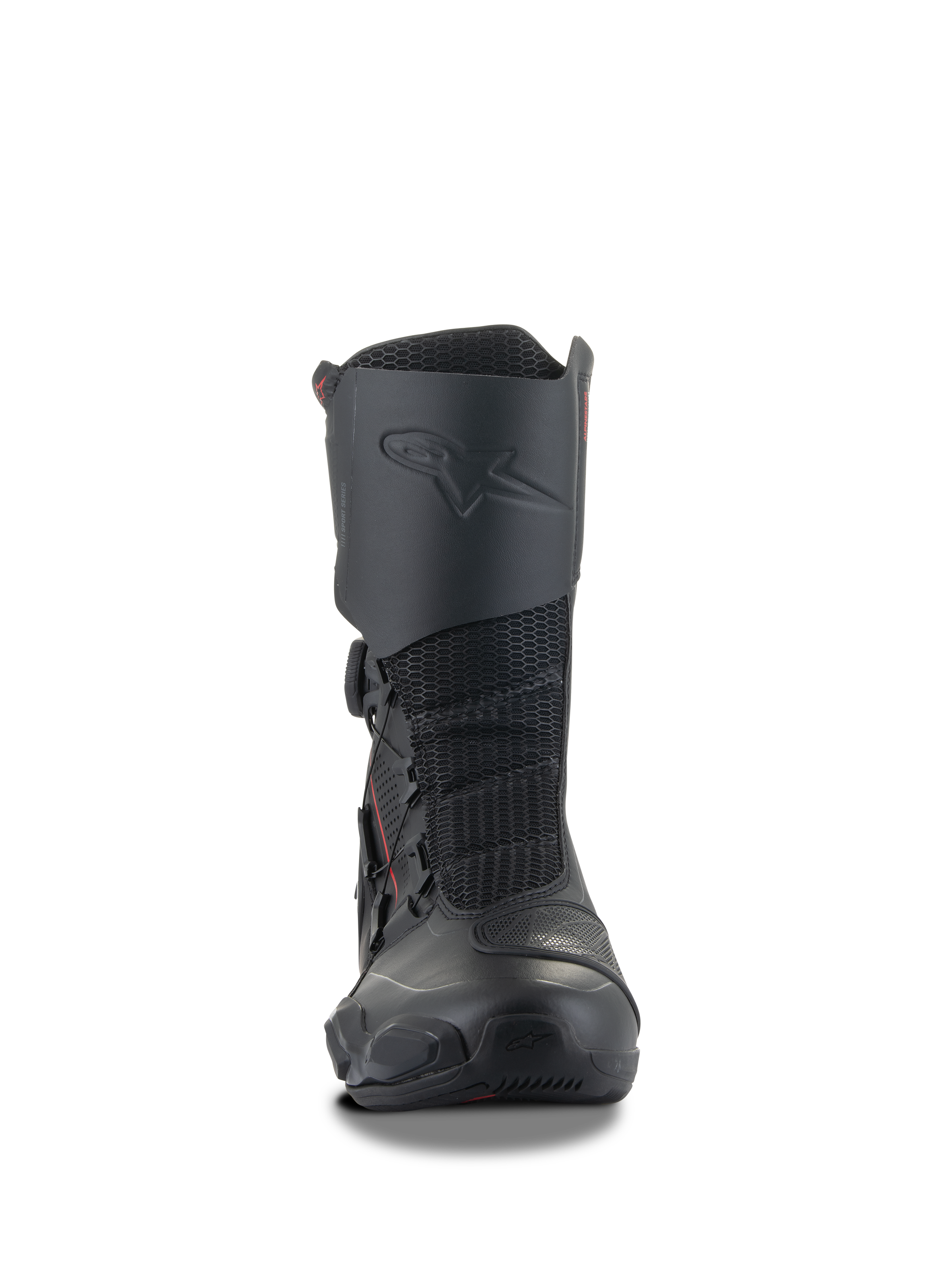 Alpinestars SP-X BOA® laarzen, zwarte sportmotorlaarzen, middelhoog ontwerp met geïntegreerde scheenbeenbeschermer, mesh flex-panelen en BOA-sluitsysteem aan de zijkant, slank ergonomisch profiel voor sport-touring
