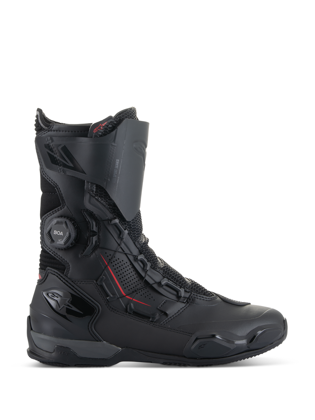 Alpinestars SP-X BOA® motorlaarzen, sportieve motorlaarzen, zwart met rode accenten, BOA® Fit System-draaiknop, middelhoge constructie met panelen van microvezel en mesh, TPU hiel- en teenbescherming, slank ontwerp voor op de weg