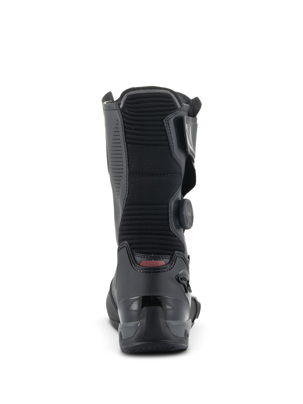 Alpinestars SP-X BOA laarzen, middelhoge motor-sportlaarzen, zwart, achteraanzicht met focus op het geribbelde accordeon-flexpaneel, de versterkte TPU-hielkap en de BOA Fit System-draaiknop aan de zijkant