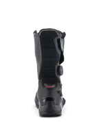 Alpinestars SP-X BOA laarzen, middelhoge motor-sportlaarzen, zwart, achteraanzicht met focus op het geribbelde accordeon-flexpaneel, de versterkte TPU-hielkap en de BOA Fit System-draaiknop aan de zijkant